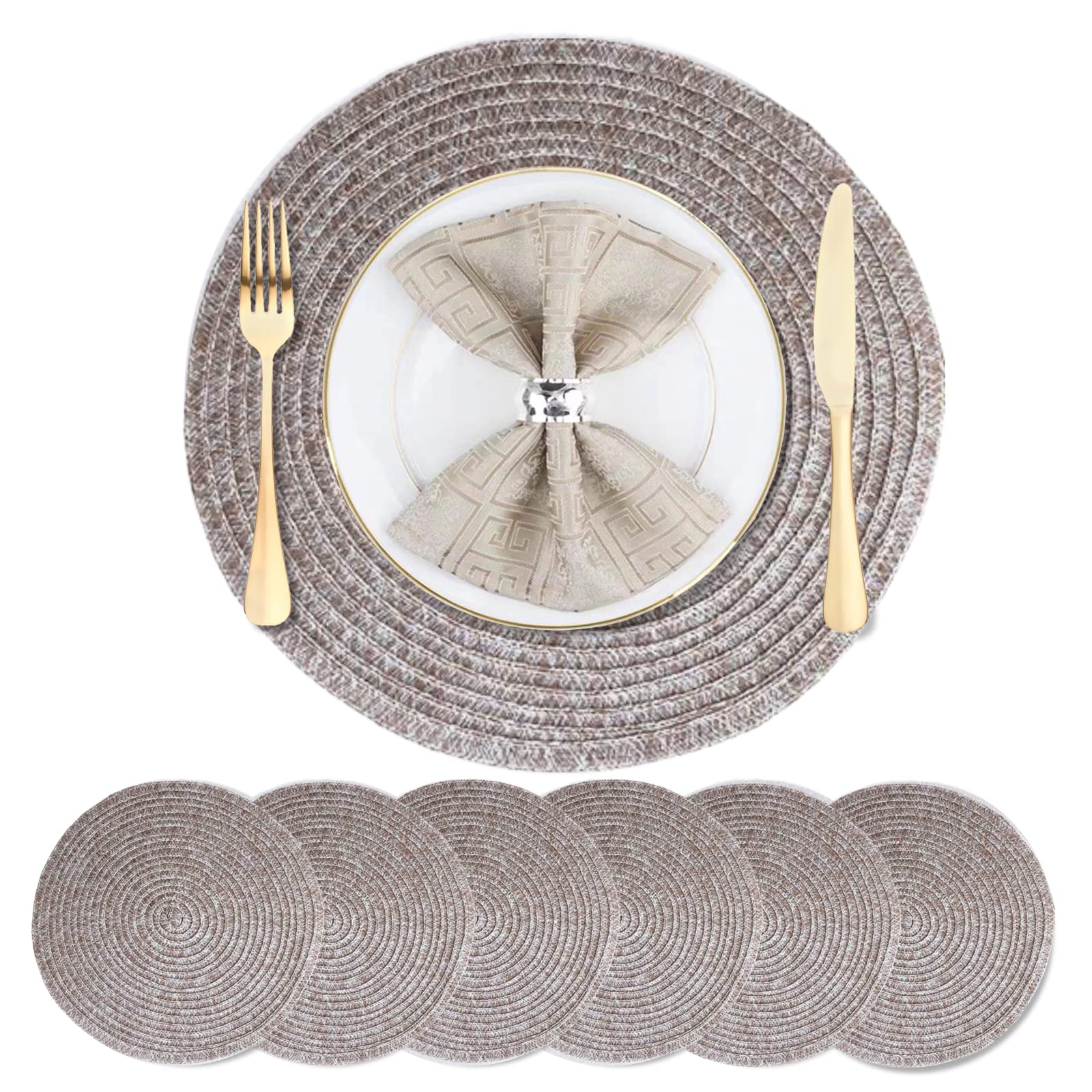 DACHUI 6-Pack Round Washable Placemats for Dining Table - 15 Inch Non-Slip Table Mats in Grey - Perfect for Everyday Meals, Dinner Parties & Home Decor