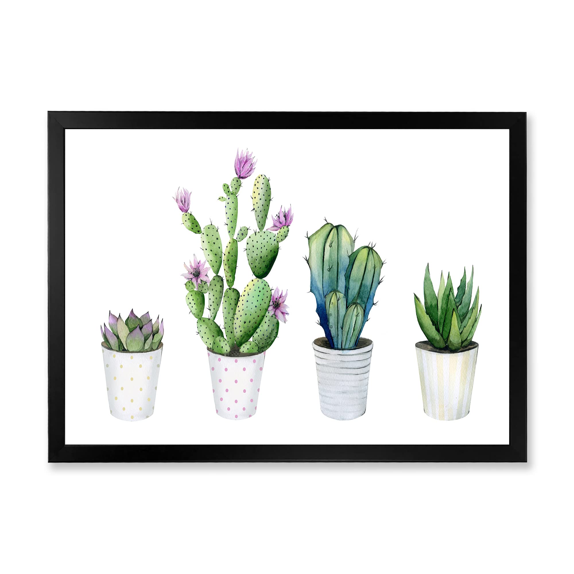 DesignQ Cactus Succulent Aloe Vera Potted Plants - Farmhouse Style Framed Wall Art Decor for Living Room, Bedroom & Office
