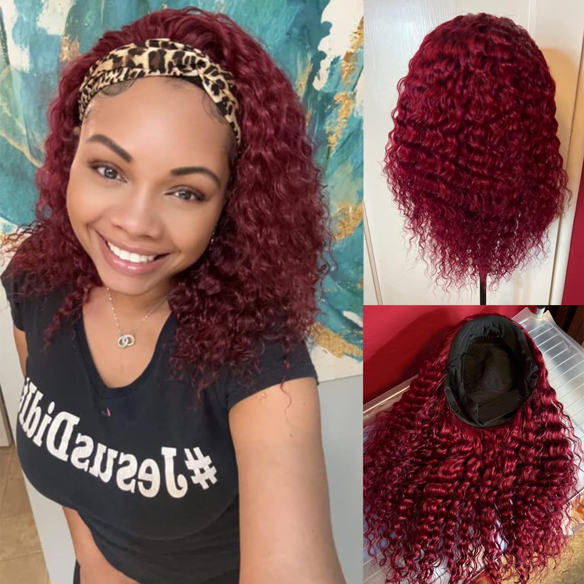 Ombre Dark Red 100% Human Hair Wigs for Black Women - Burgundy Curly Headband Wig (24'', 1B/Burgundy) | No Lace Front | Unprocessed Natural Hair | Perfect for Parties, Weddings & Daily Styling