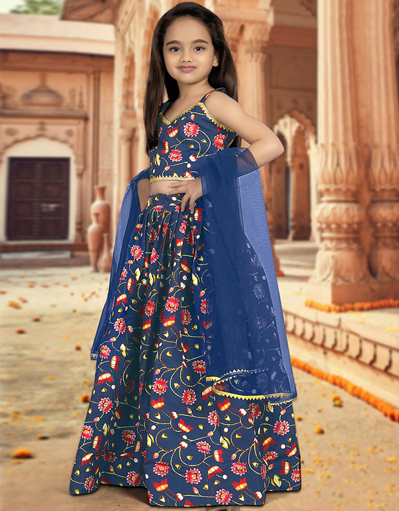All-Season Designer Digital Print Silk Blue Kids Lehenga Choli - Soft Heavy Net Fabric for Festivals, Weddings & Special Occasions