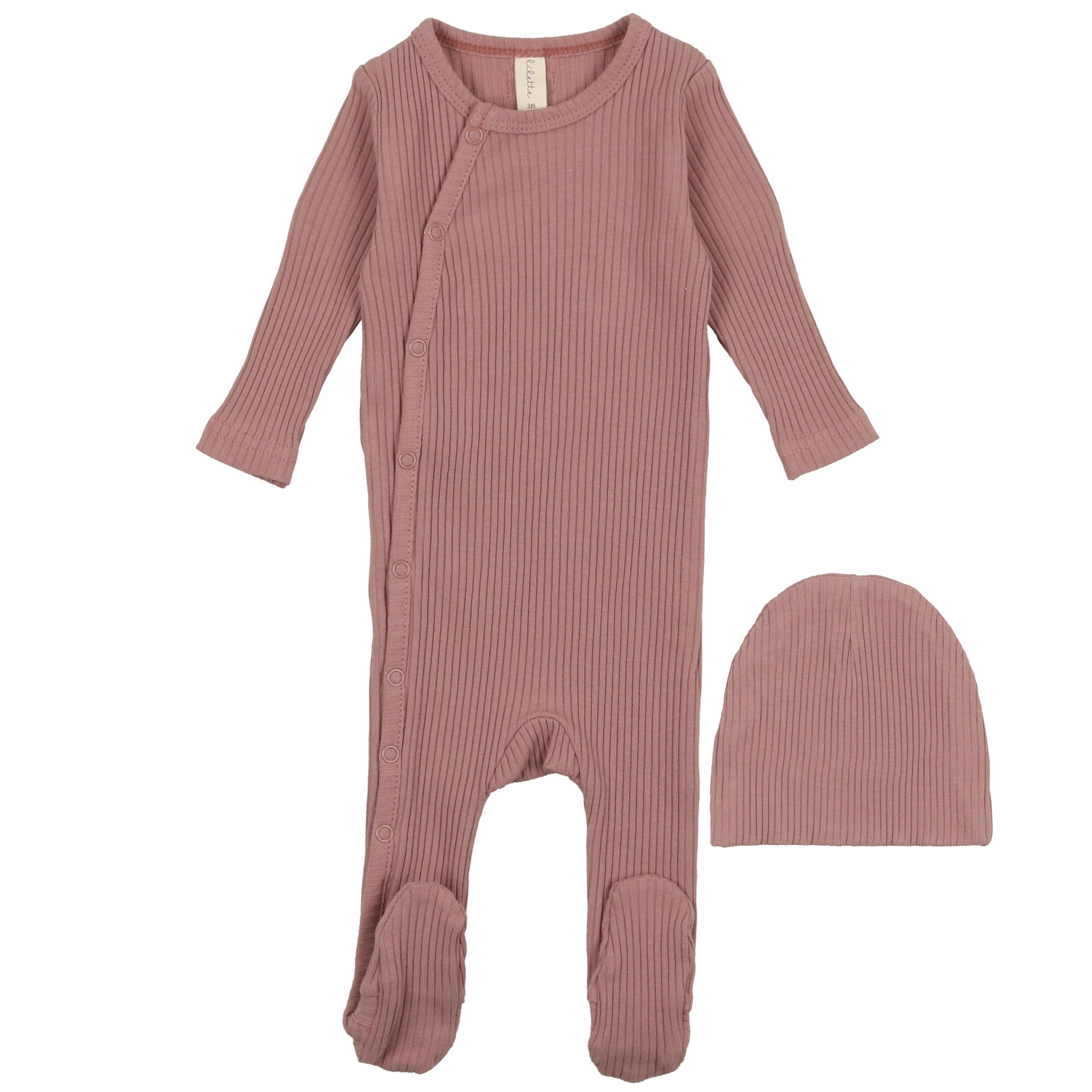 Lilette Mauve Side Snap Rib Stretchie and Beanie Set - Soft Stretchy Newborn Baby Outfit & Hat for Photography, Hospital Going Home & Special Occasions