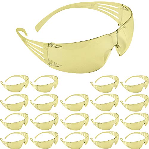 3M SecureFit Safety Glasses - 20 Pack ANSI Z87.1 Certified, Anti-Fog & Scratch Resistant Amber Lenses with Flexible Temples - Perfect for Construction, Woodworking, and Industrial Work Protection