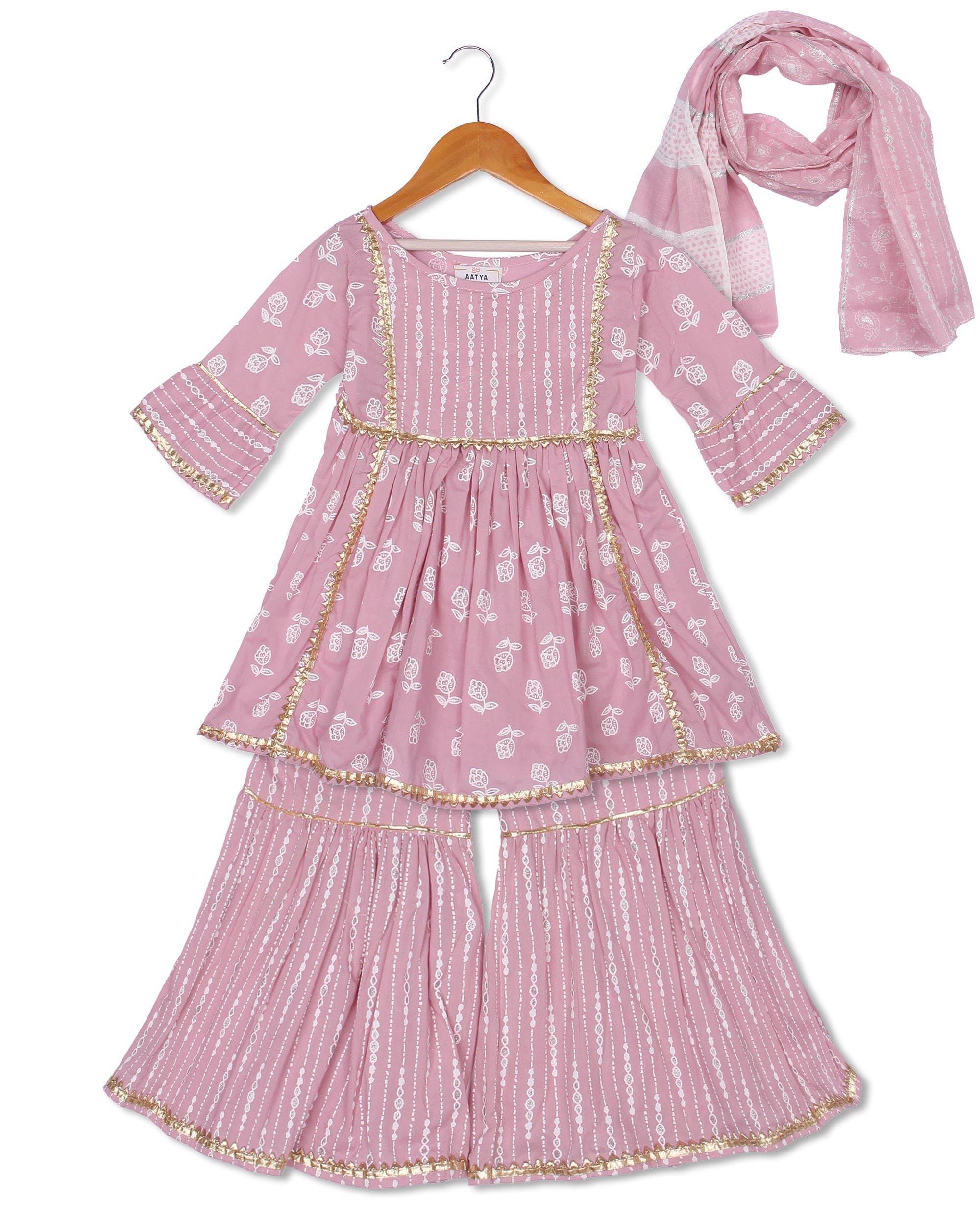 Elegant Pink Printed Gota Embellished Kurta and Sharara Set with Dupatta - Traditional Indian Ethnic Wear for Weddings, Festivals & Special Occasions