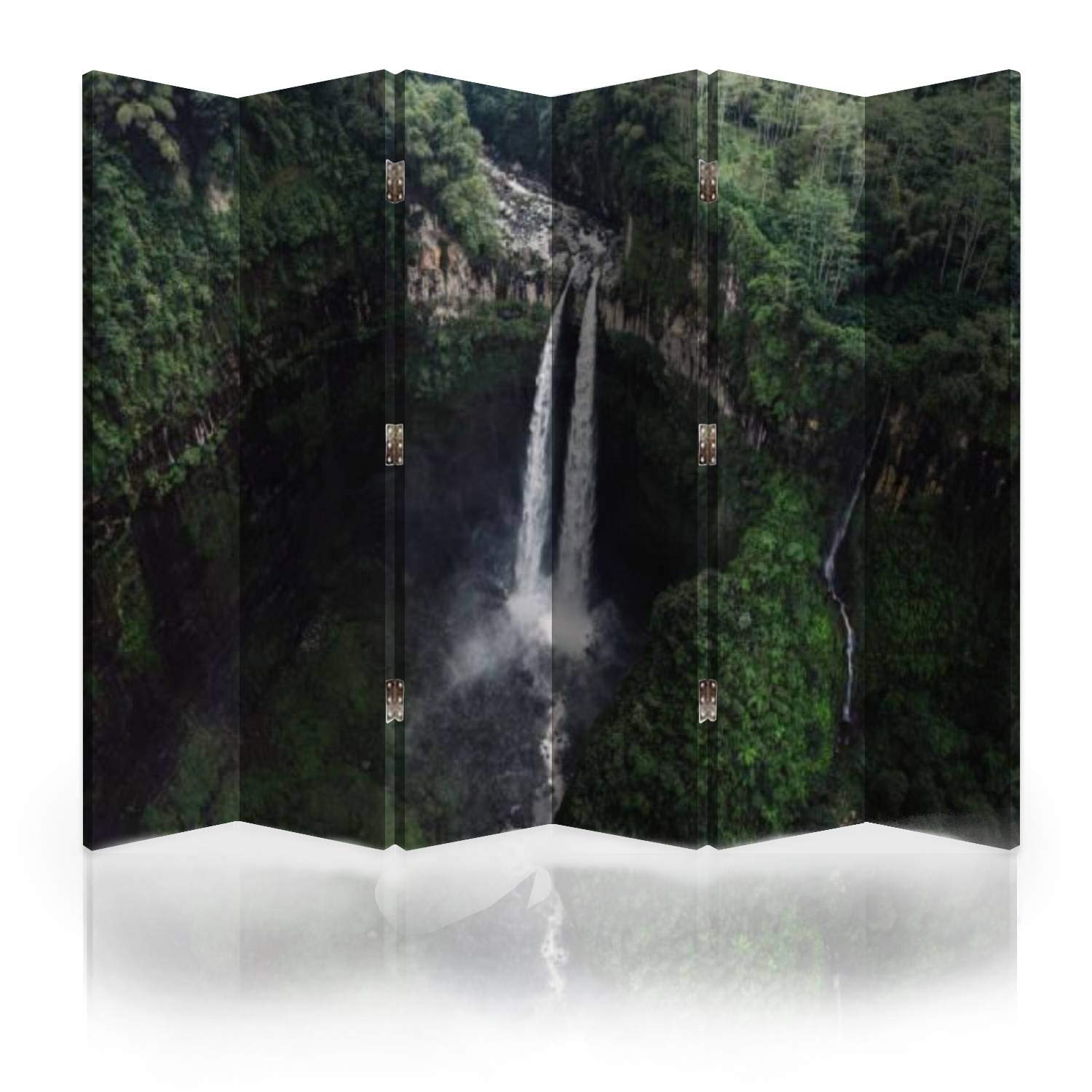 6-Panel Canvas Room Divider Screen - Scenic Madakaripura Waterfall Java Print - Folding Privacy Partition Wall for Bedroom, Office & Studio Decor | Home & Commercial Space Dividers