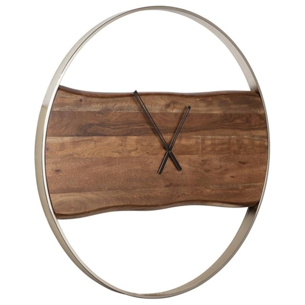 BOWERY HILL Brown & Silver Wooden Wall Clock - Rustic Home Decor for Living Room, Bedroom, Office | Silent Non-Ticking Large Wall Clock