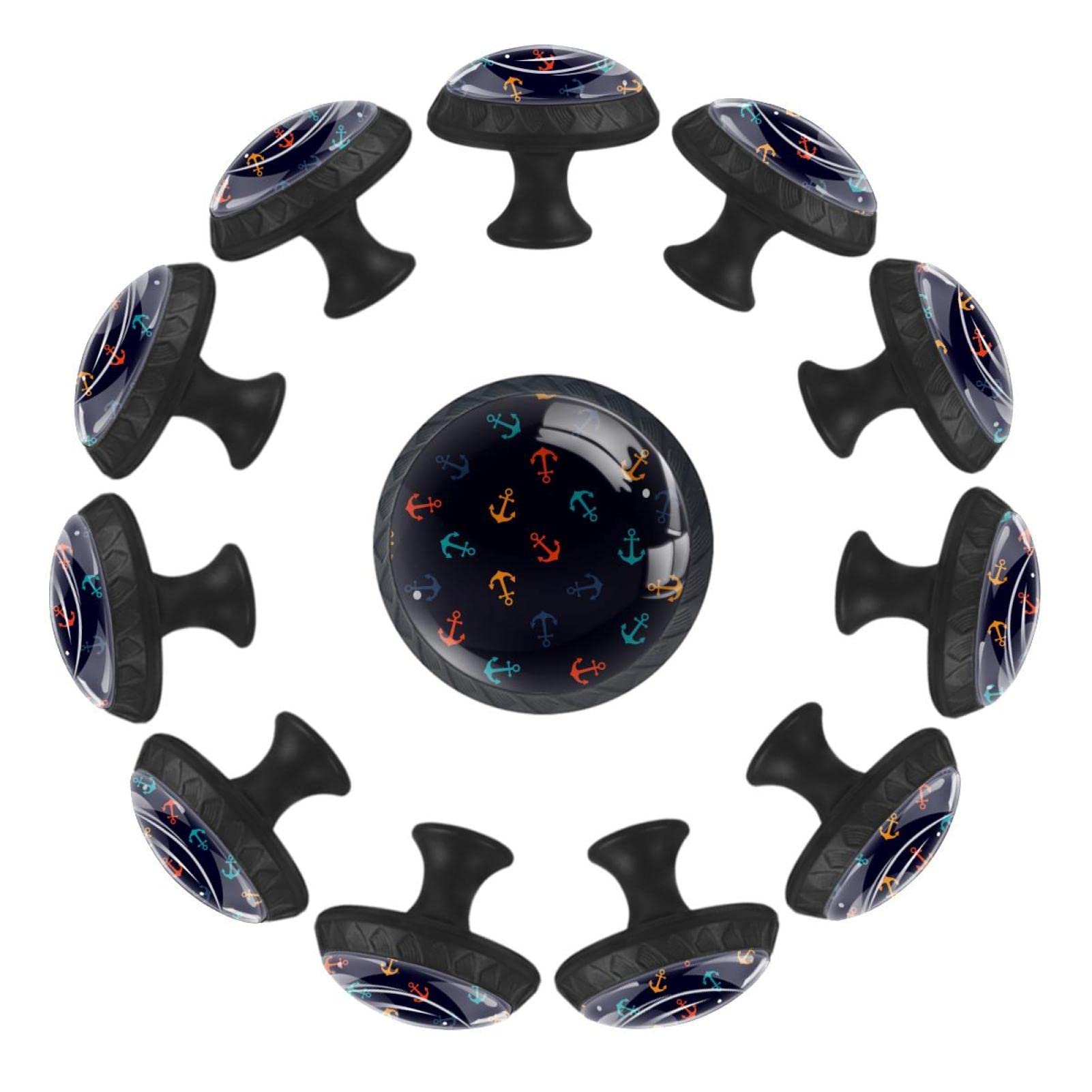 35MM Round Glass Cabinet Knobs - Navy Anchor Print - Set of 12 - Modern Kitchen & Drawer Handles for Dresser, Cupboard, Wardrobe - Durable Hardware for Home Decor & DIY Projects