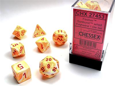 Festive Polyhedral Sunburst Red 7-Piece Dice Set - Perfect for D&D, RPGs, and Tabletop Gaming