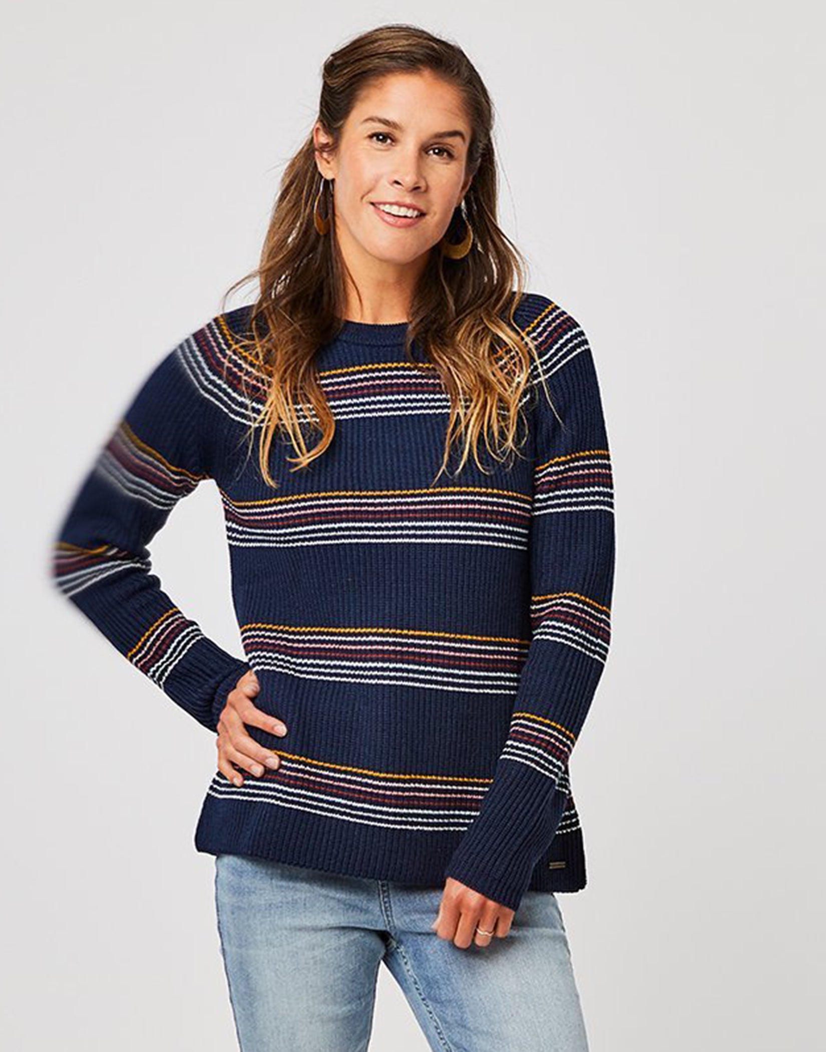 Cabana Sweater for Women - Navy Blue with Rainbow Stripes | Cozy Knit Pullover for Casual Wear, Beach Outings, and Fall Layering