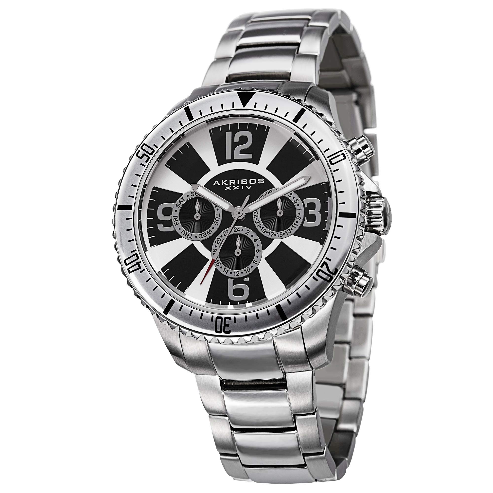 Akribos XXIV Men's Ultimate Swiss Multifunction Watch with Subdial Day, Date & GMT - Large Easy-to-Read Stainless Steel Bracelet Watch - Perfect for Business, Travel & Formal Occasions - AK694
