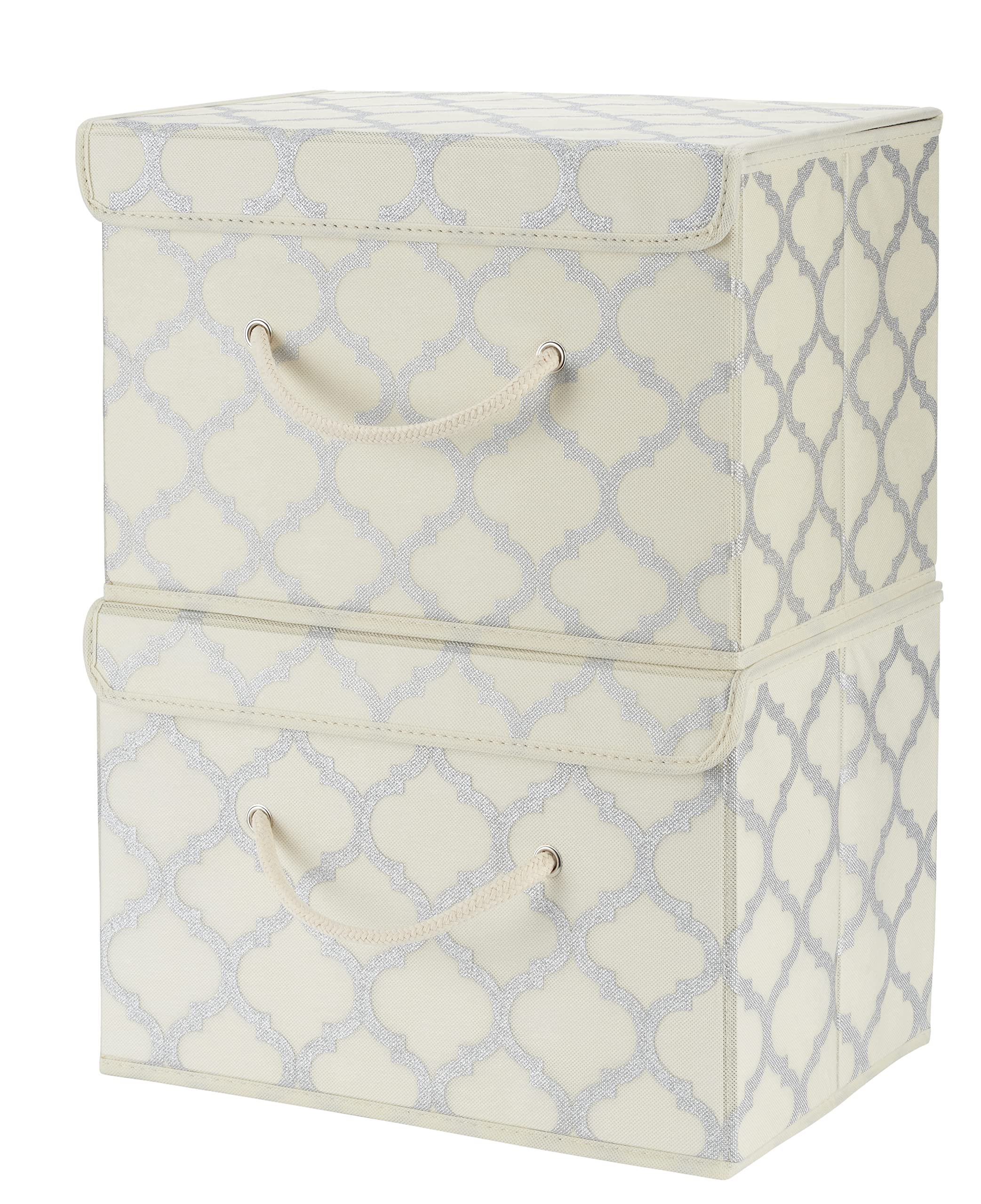 Premium Cream & Metallic Fabric Storage Boxes with Lids - Stackable, Foldable Organizer for Wardrobe, Closet, Bedroom, Office | 2-Pack 14.6