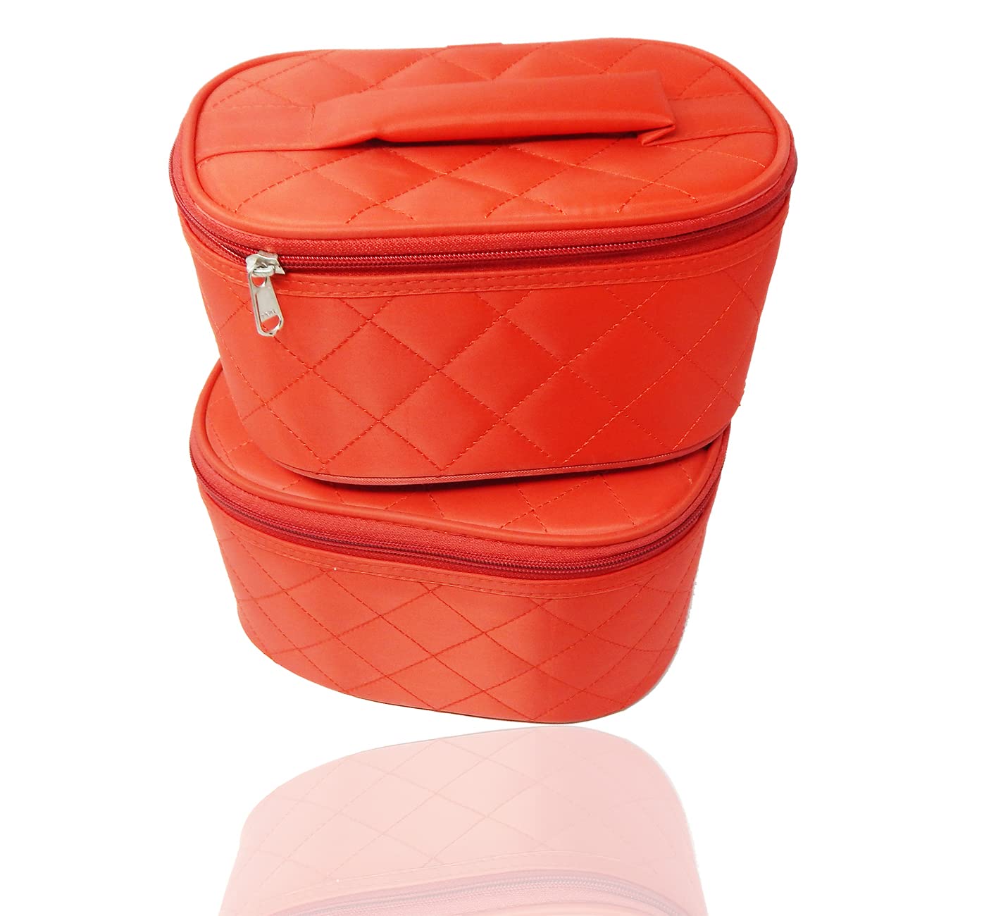 Premium Red Satin Vanity Box Set (2-Piece) - Travel Makeup Organizer & Jewelry Storage Case for Women | Portable Cosmetic Storage for Home, Office & Vacation