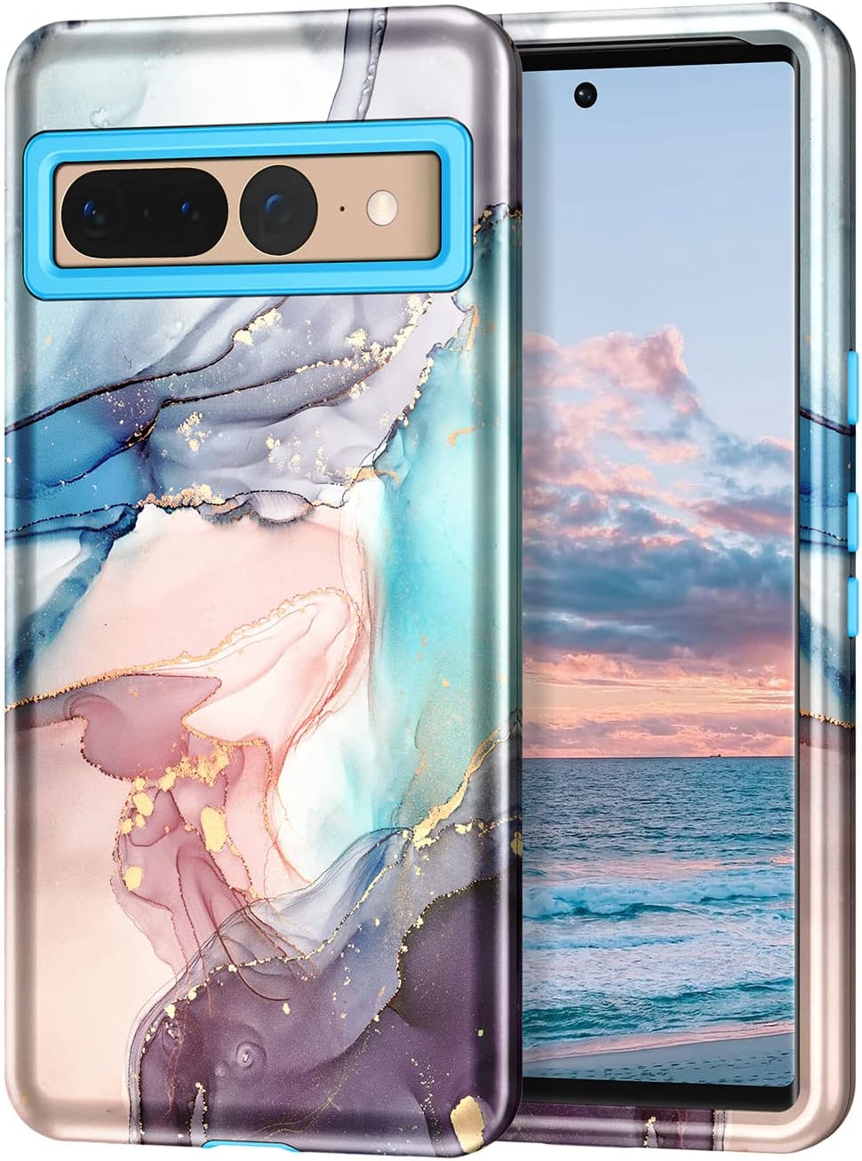 Premium Marble Case for Google Pixel 7 Pro - 3-in-1 Heavy Duty Protective Cover with Kickstand | Perfect for Work, Travel & Everyday Use