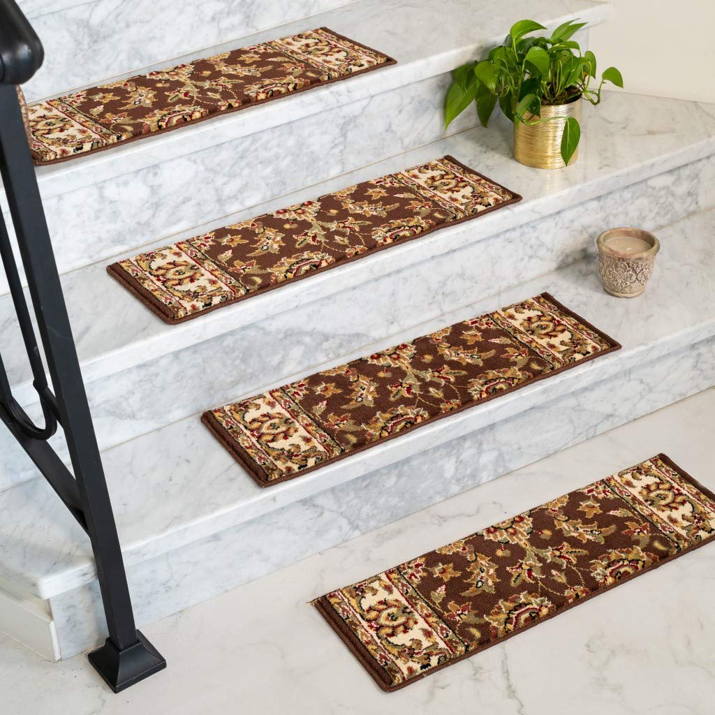 Premium Natural Persian Carpet Stair Treads - Sydney Collection Soft Durable Stylish Chocolate 9x29 Inch (13 Treads) for Home Staircase Decor & Safety