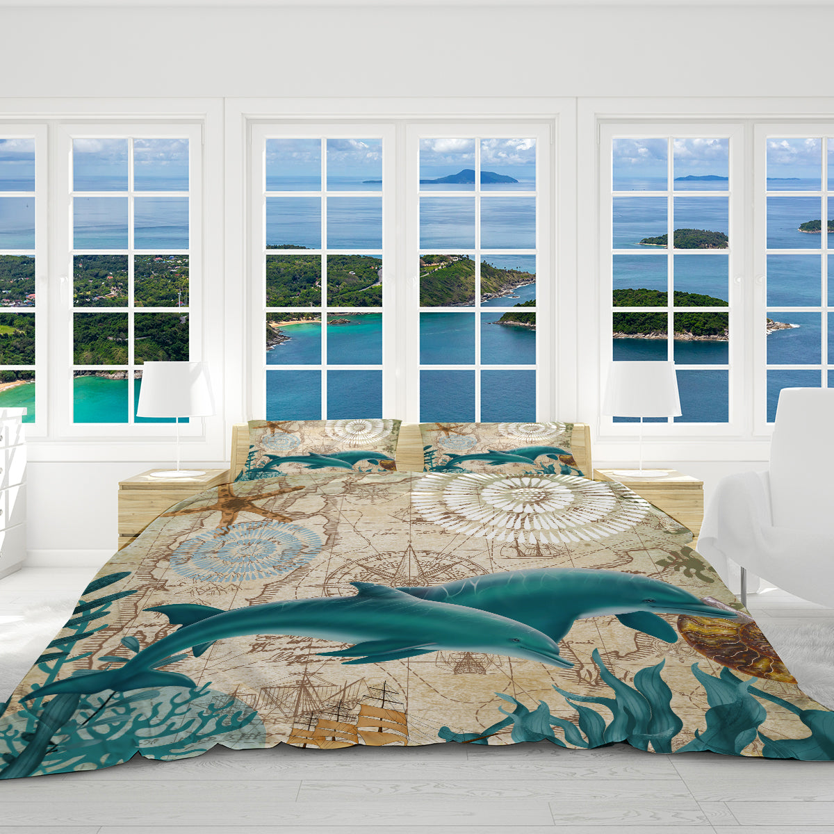 Reversible Dolphin Love Bedding Set - Soft & Comfortable Queen Size Duvet Cover with Pillowcases - Perfect for Beach Themed Bedrooms & Coastal Home Decor