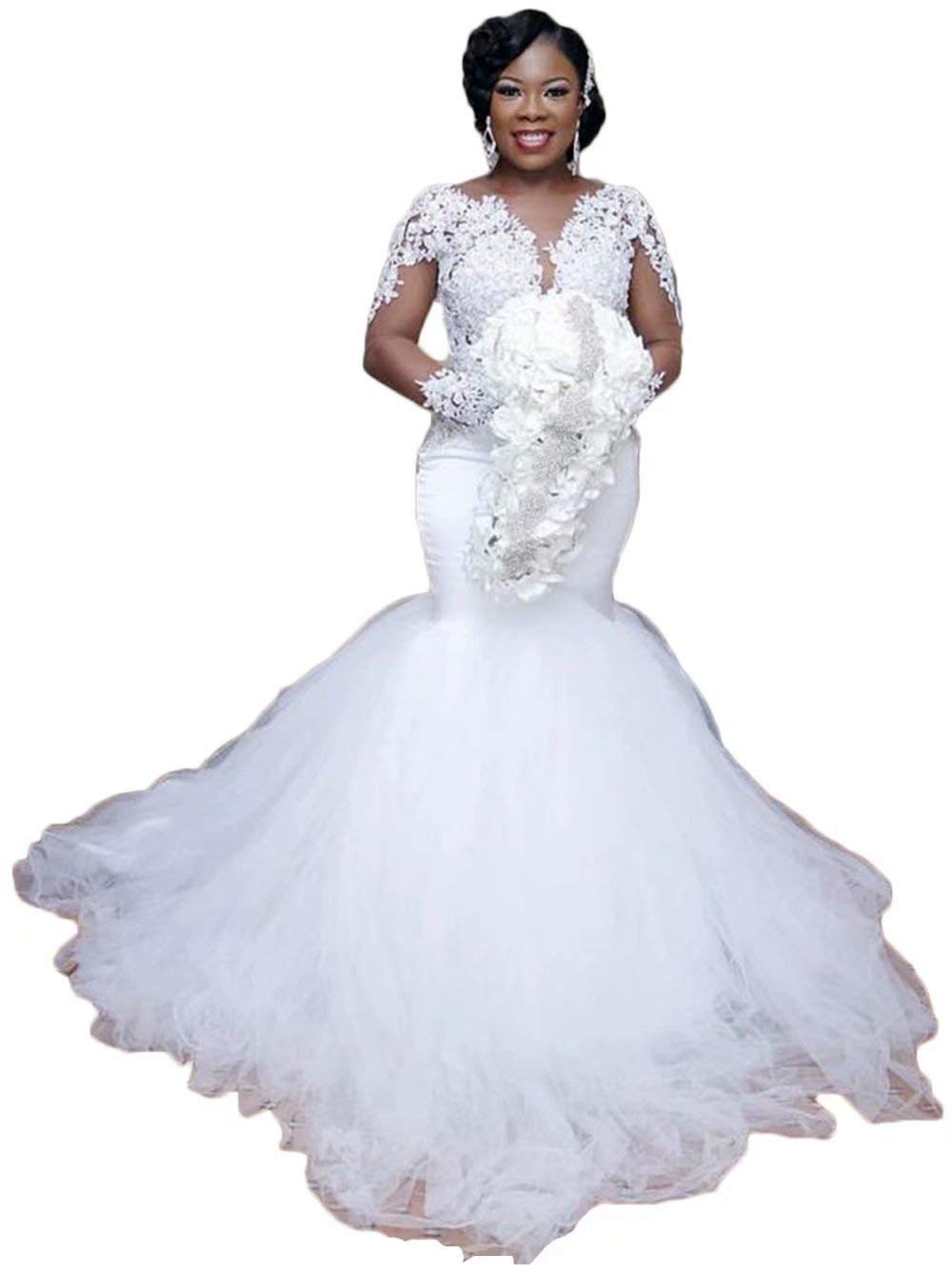 Elegant Mermaid Wedding Dresses for Bride - Long Sleeve Lace Tulle Bridal Gowns - Perfect for Beach, Church & Formal Wedding Ceremonies