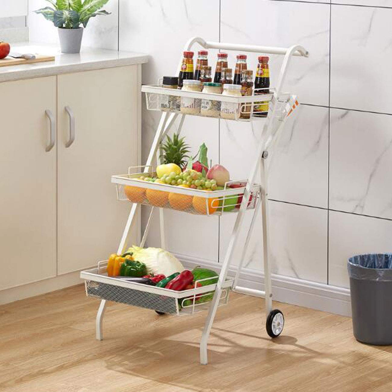 3-Tier Foldable Storage Cart with Removable Mesh Baskets - No Installation Needed, 2-Wheel Utility Trolley (46x30x59cm, White) - Ideal for Kitchen, Bathroom, Garage & Office Organization