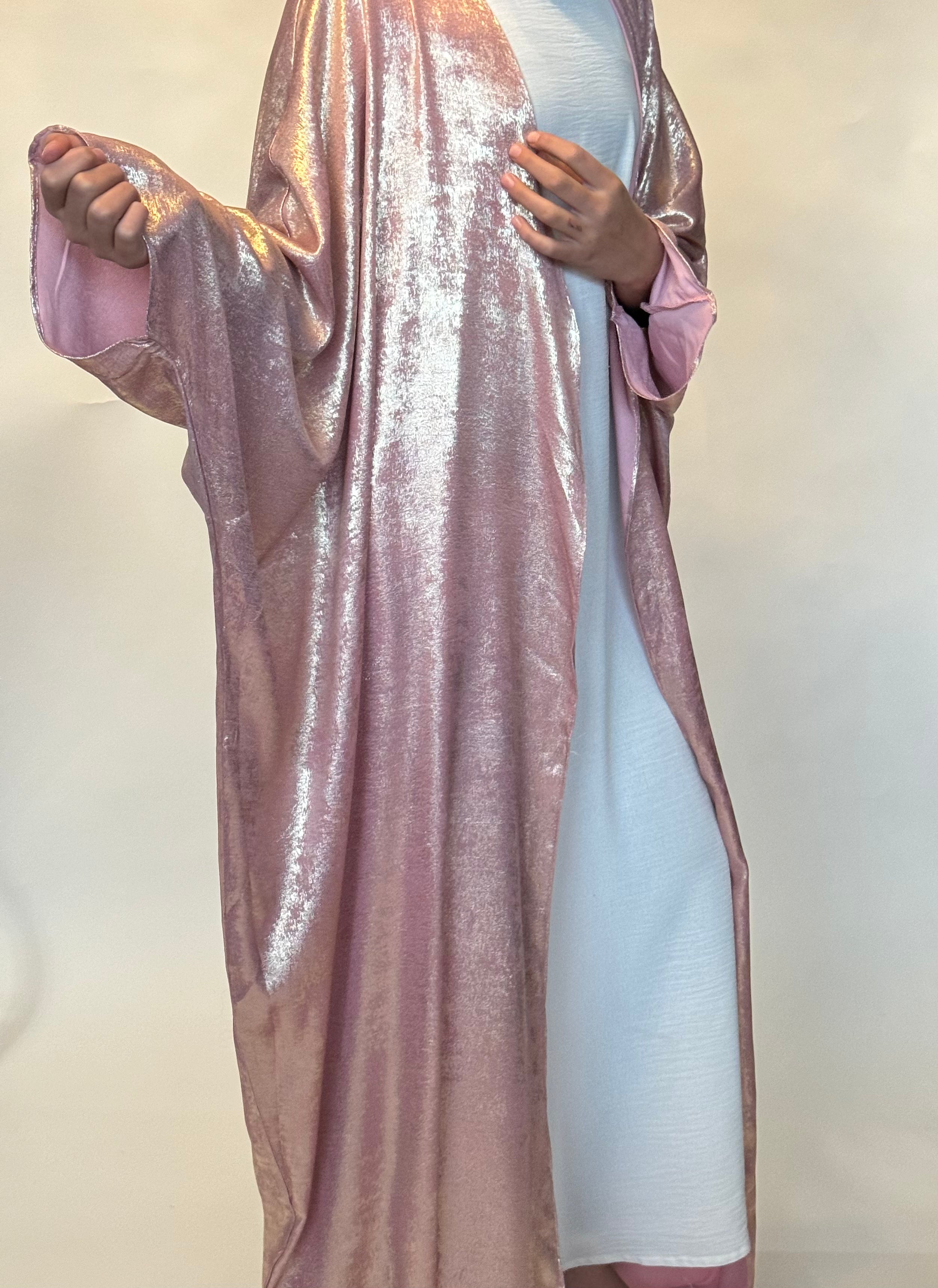 Elegant Pink & Gold Luminous Satin Open Abaya Dress for Women - Perfect for Eid, Wedding & Special Occasions