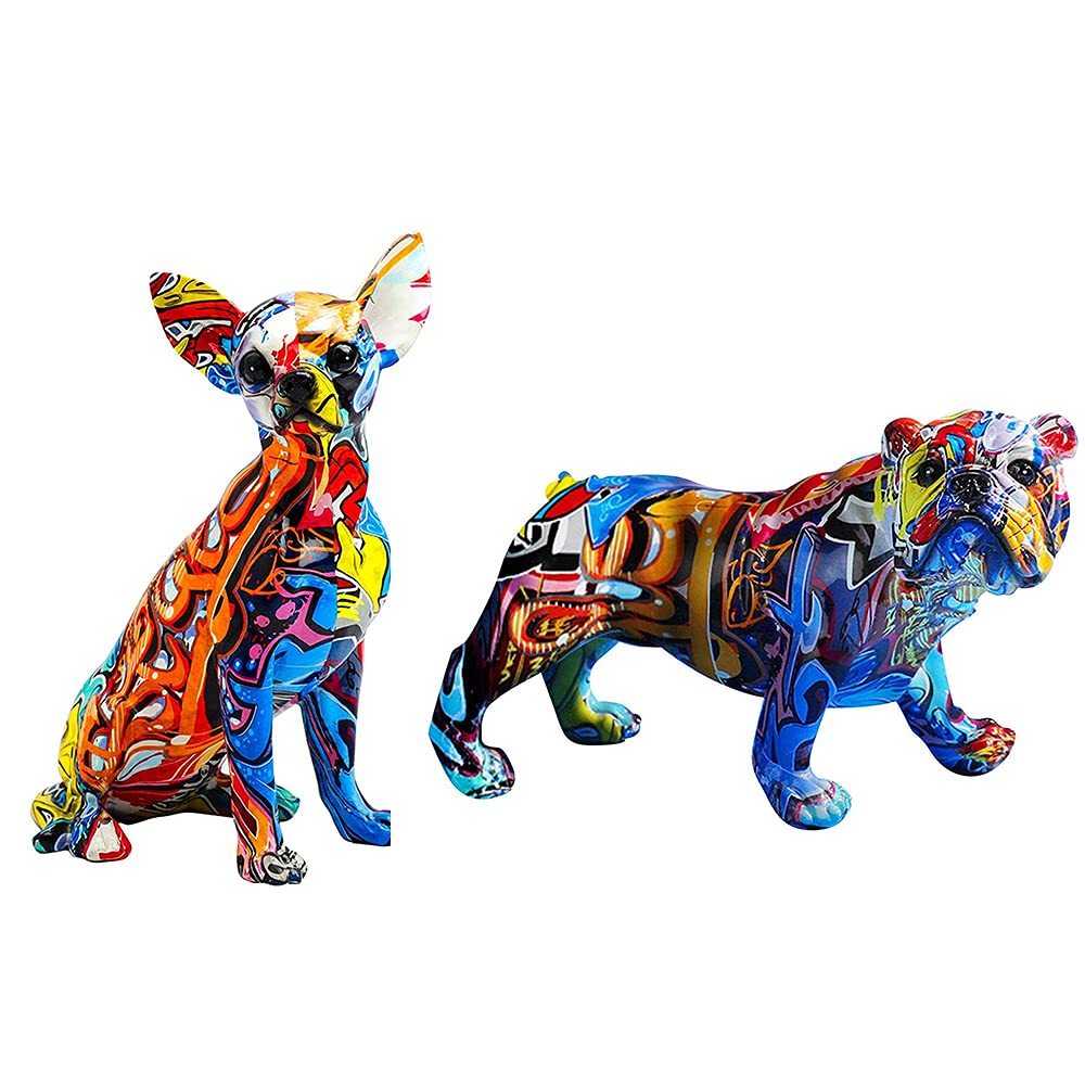 Vibrant Graffiti Chihuahua & Bulldog Statue Set - 2PCS Modern Home Decor Sculptures for Living Room, Bedroom, Office - Unique Memorial Gift & Artwork Display for Pet Lovers