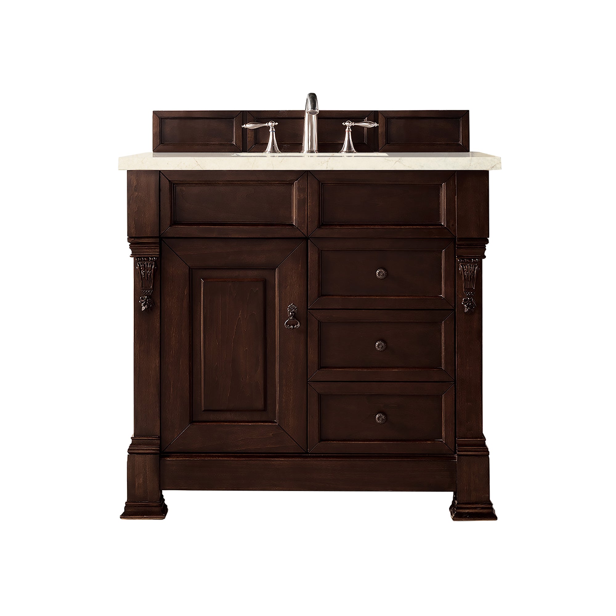 Brookfield 36 Inch Single Bathroom Vanity with Burnished Mahogany Base & 3CM Eternal Marfil Quartz Countertop - Perfect for Modern Master Bath or Guest Bath Remodel