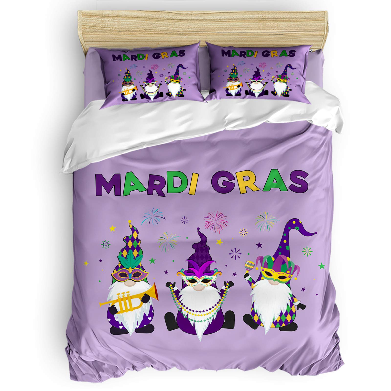 **PartyShow 4-Piece Twin Bed Set - Carnival Gnome Mardi Gras Comforter, Bed Sheet & 2 Pillowcases for Kids & Teens - Purple Fireworks Celebration Design - Perfect for Themed Bedrooms & Holiday Decor**