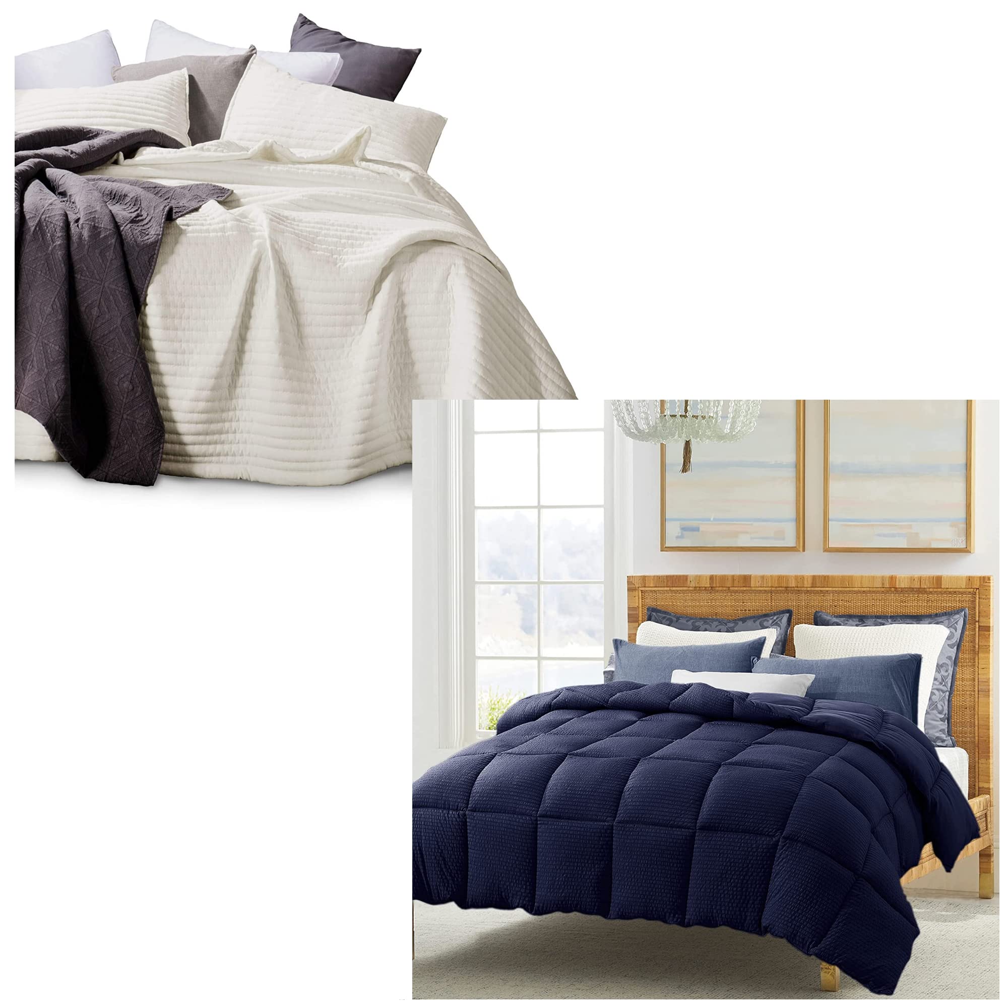 KASENTEX Ivory Queen Quilt Set with Navy Blue Comforter - Luxury Bedding Coverlet Blanket Set for Master Bedroom & Guest Room Decor