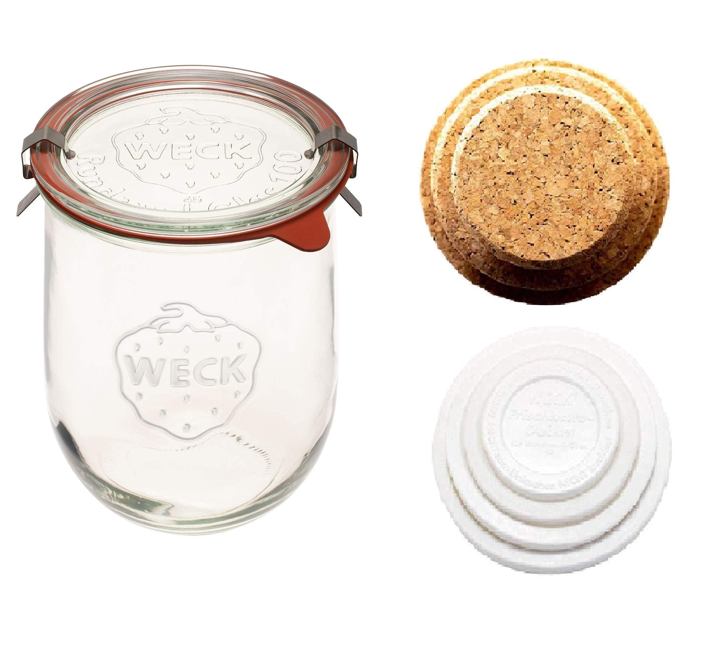 **Weck Jars 1 Liter - Large Glass Sourdough Starter Jars with Glass Lid & Wide Mouth - Includes Cork Lid & Keep Fresh Cover (2-Pack) - Perfect for Homemade Bread, Fermenting, Pickling & Kitchen Storage**