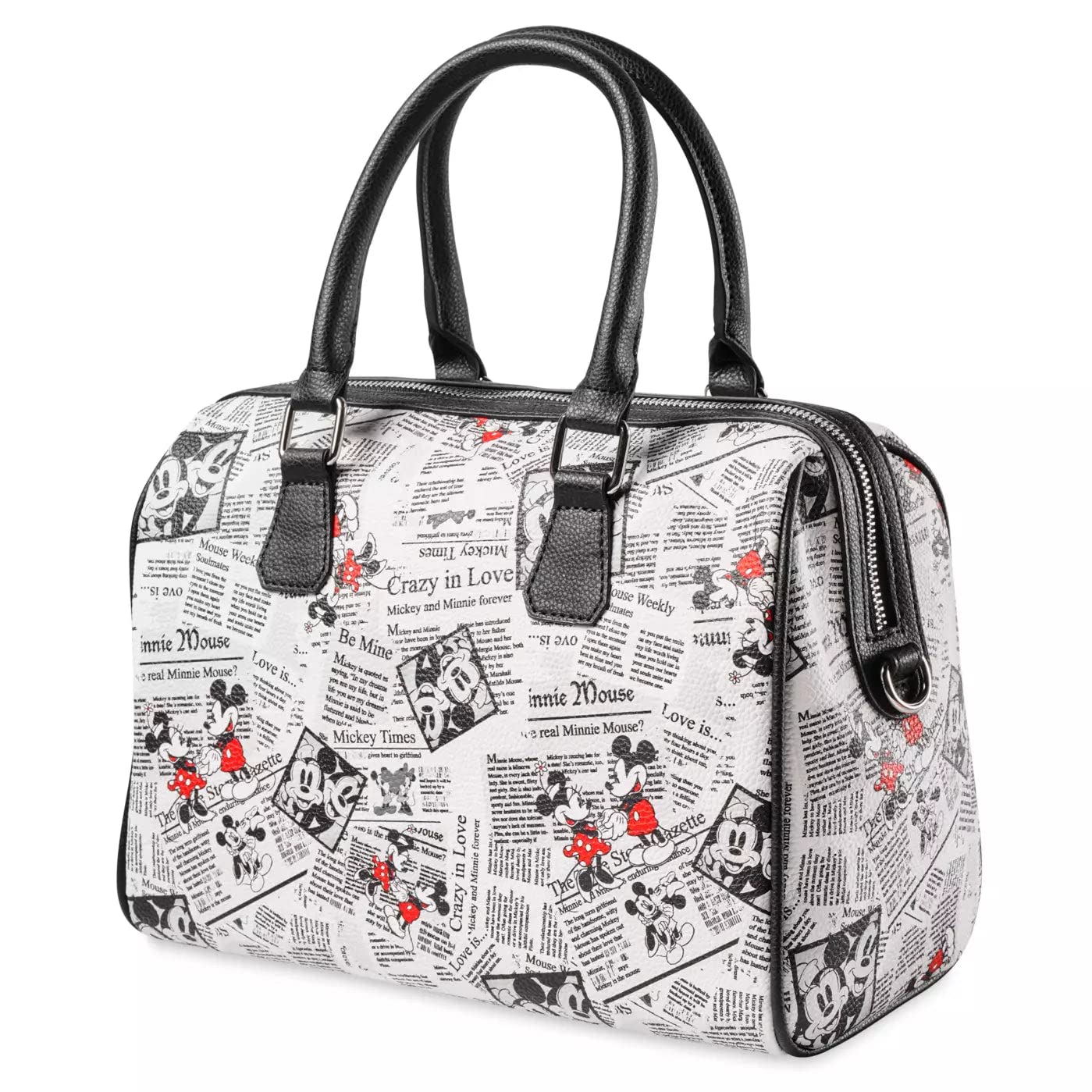 Disney Parks Exclusive Barrel Satchel Handbag Purse - Minnie & Mickey Mouse Newsprint Design Crossbody Bag for Women | Perfect for Theme Park Visits, Disney Vacations & Everyday Use