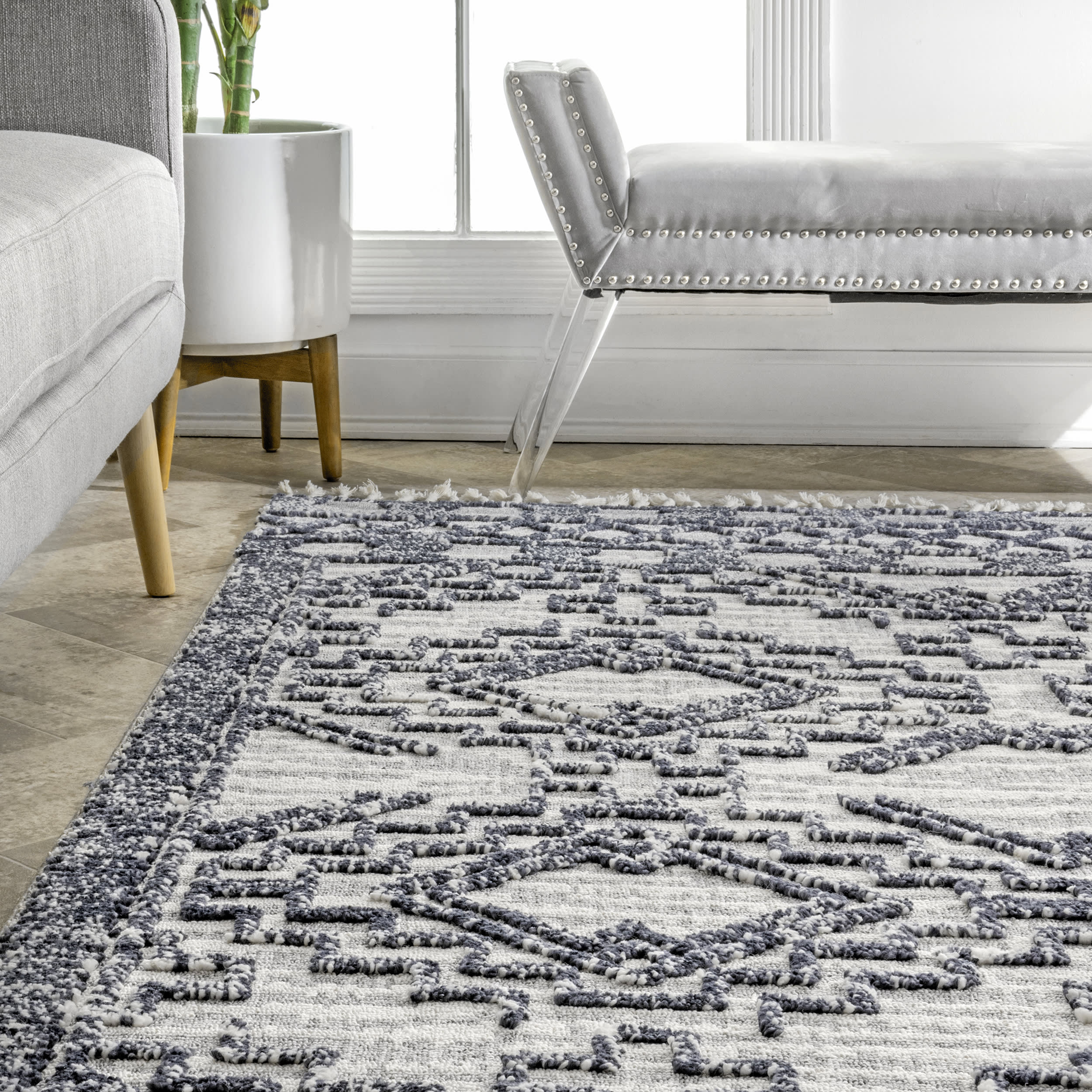 Frida Textured Moroccan Rug - Blue Handwoven Boho Area Rug for Living Room, Bedroom & Dining Room Decor