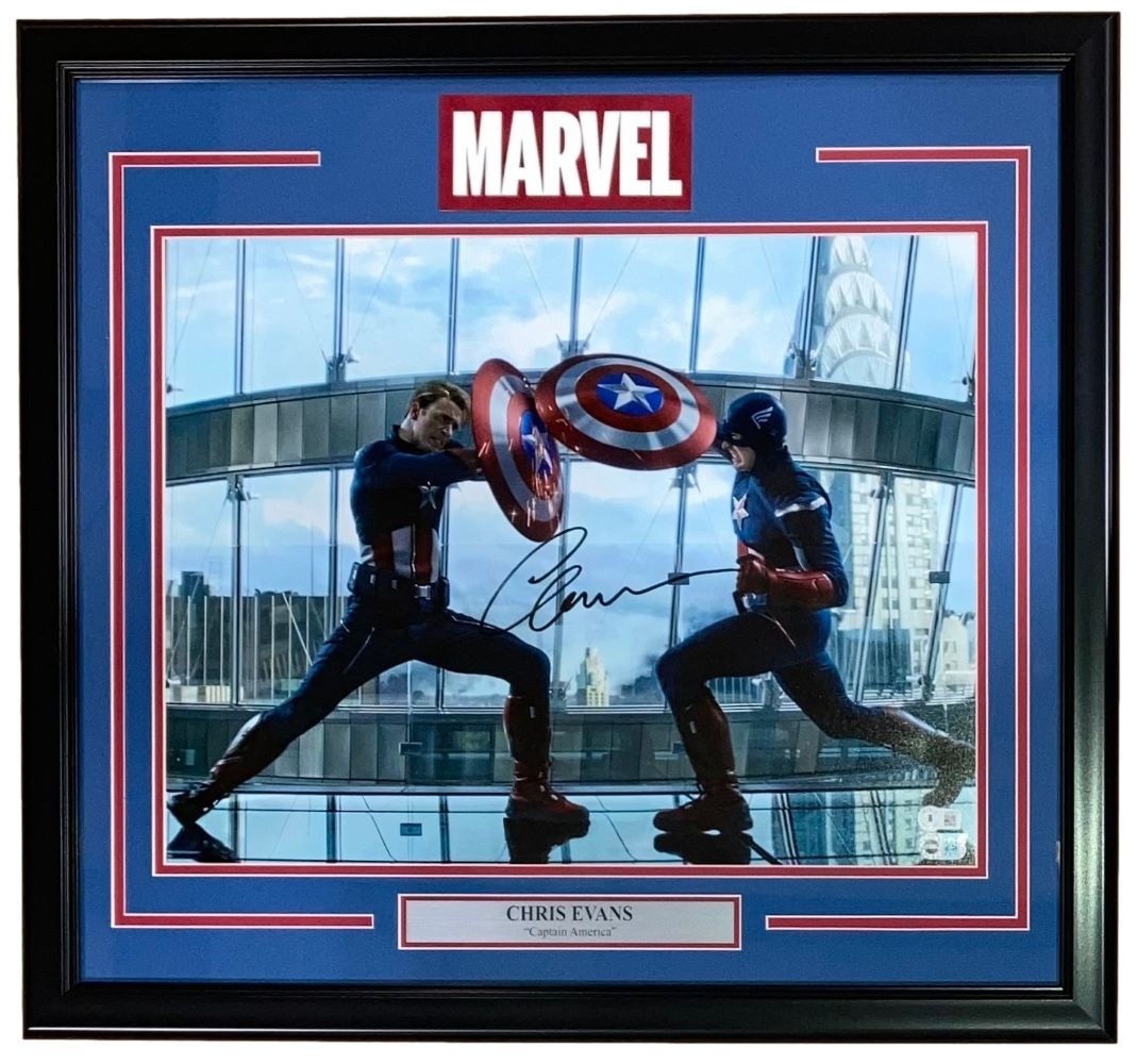 Chris Evans Autographed Captain America Fight Scene Photo - 16x20 Framed with BAS LOA - Perfect for Marvel Collectors & Superhero Room Decor
