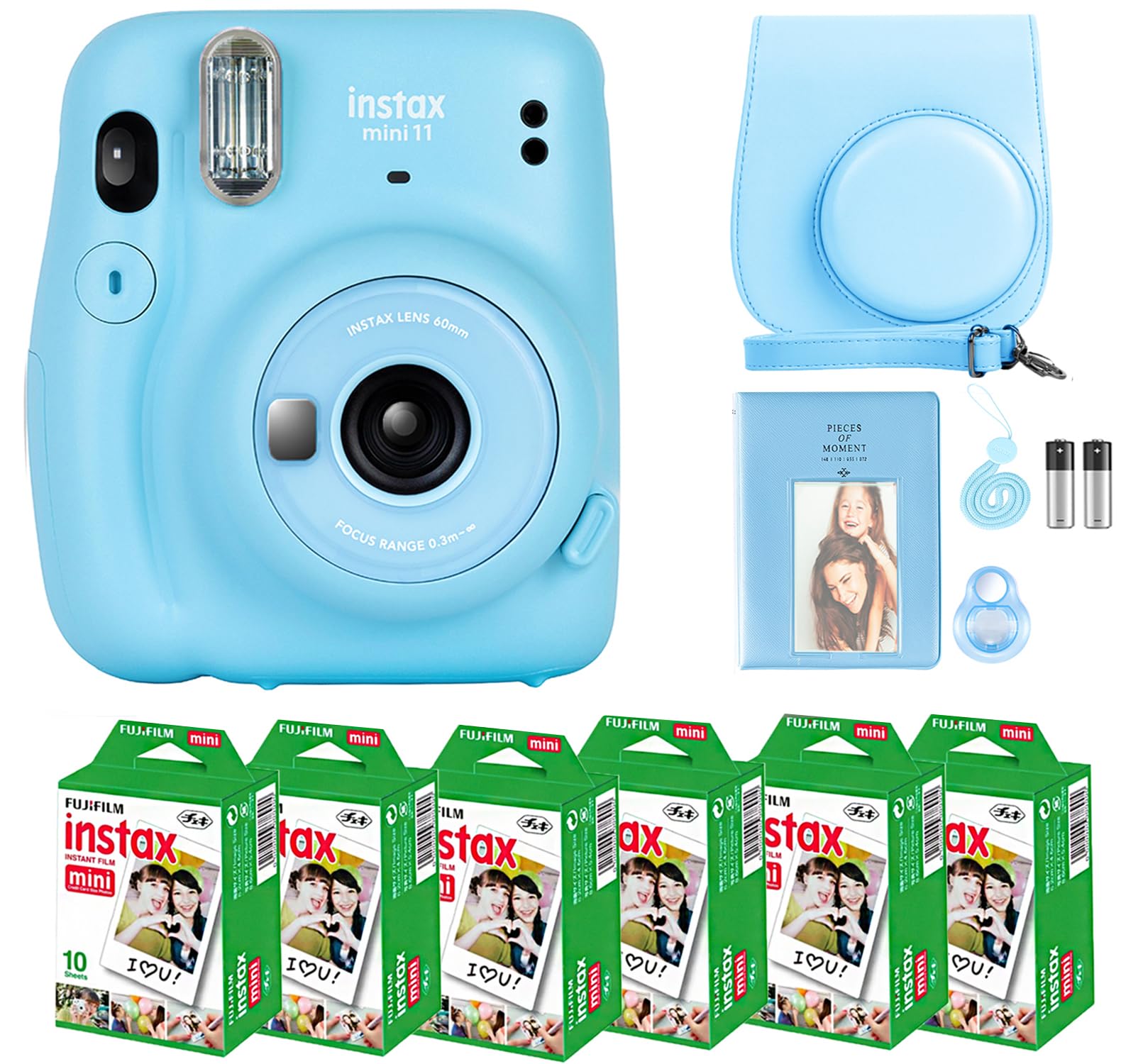 Fujifilm Instax Mini 11 Instant Camera Bundle with 60 Sheets Mini Film + Premium Accessories Kit (Carrying Case, Selfie Lens, Photo Album, Stickers) - Sky Blue | Perfect for Travel, Parties & Memory Keeping