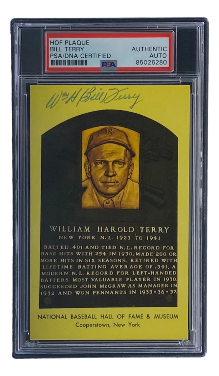 Bill Terry Autographed 4x6 New York Giants Hall of Fame Plaque Card with PSA/DNA Certification #85026280 - Perfect for Sports Memorabilia Collectors and Giants Fans Display
