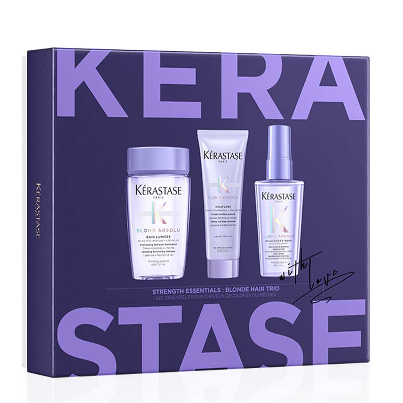 Kerastase Strength Essentials Blonde Absolu Trio Gift Set for Damaged Hair - Repair & Shine Treatment for Blonde Hair - Perfect for Gifting & Salon Use