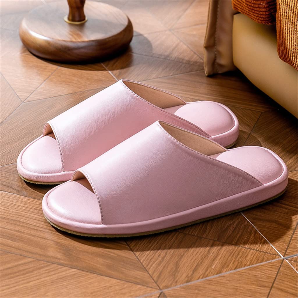 Women's Soft Leather Casual Sandals & Non-Slip Indoor Slippers - Comfortable Pink House Shoes for Home, Spa & Relaxation (Size 39/40)