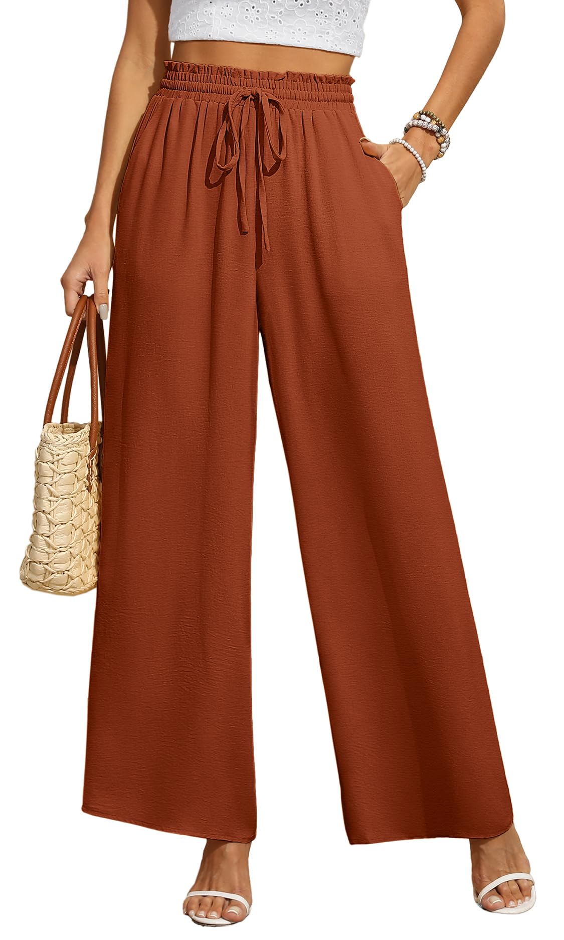 BEIGAI Women's Wide Leg Palazzo Pants - High Waist Stretchy Lounge Pants with Pockets for Casual & Office Wear