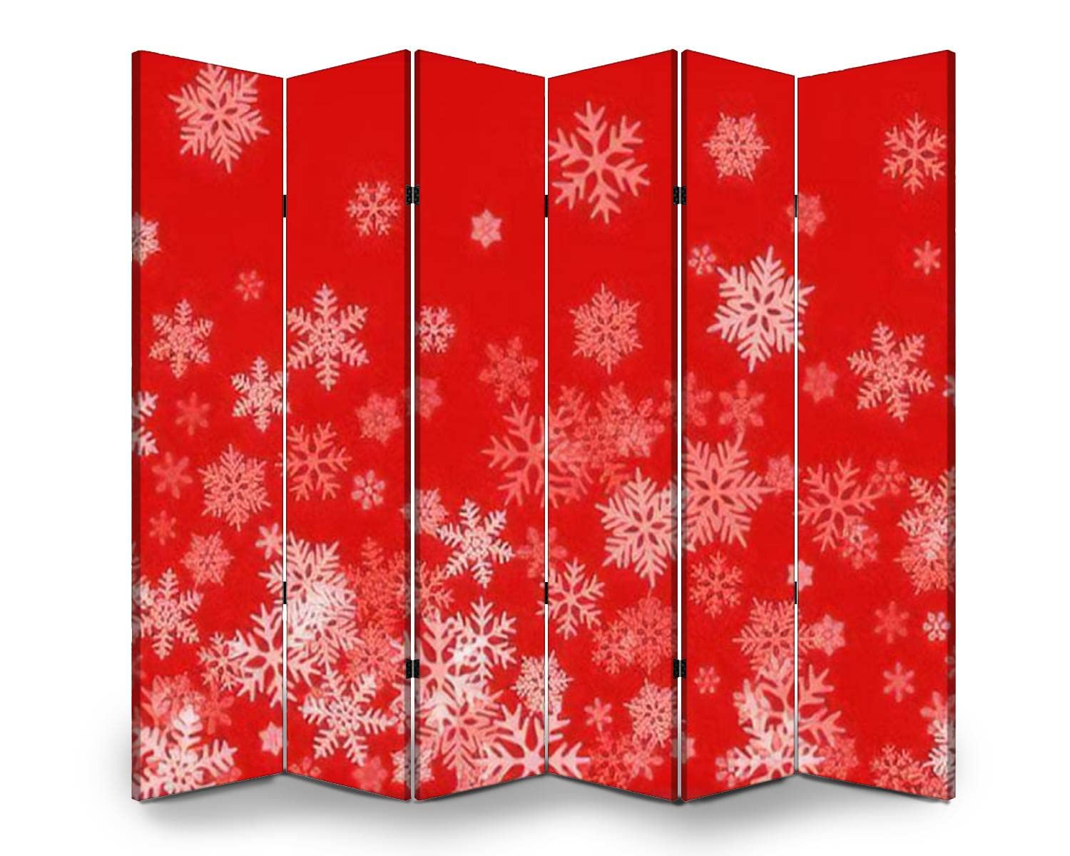 6-Panel Folding Room Divider Screen - White Snowflake Design on Red Background, Freestanding Privacy Partition for Indoor/Outdoor Use - Perfect for Home Office, Bedroom Separation, and Event Decor