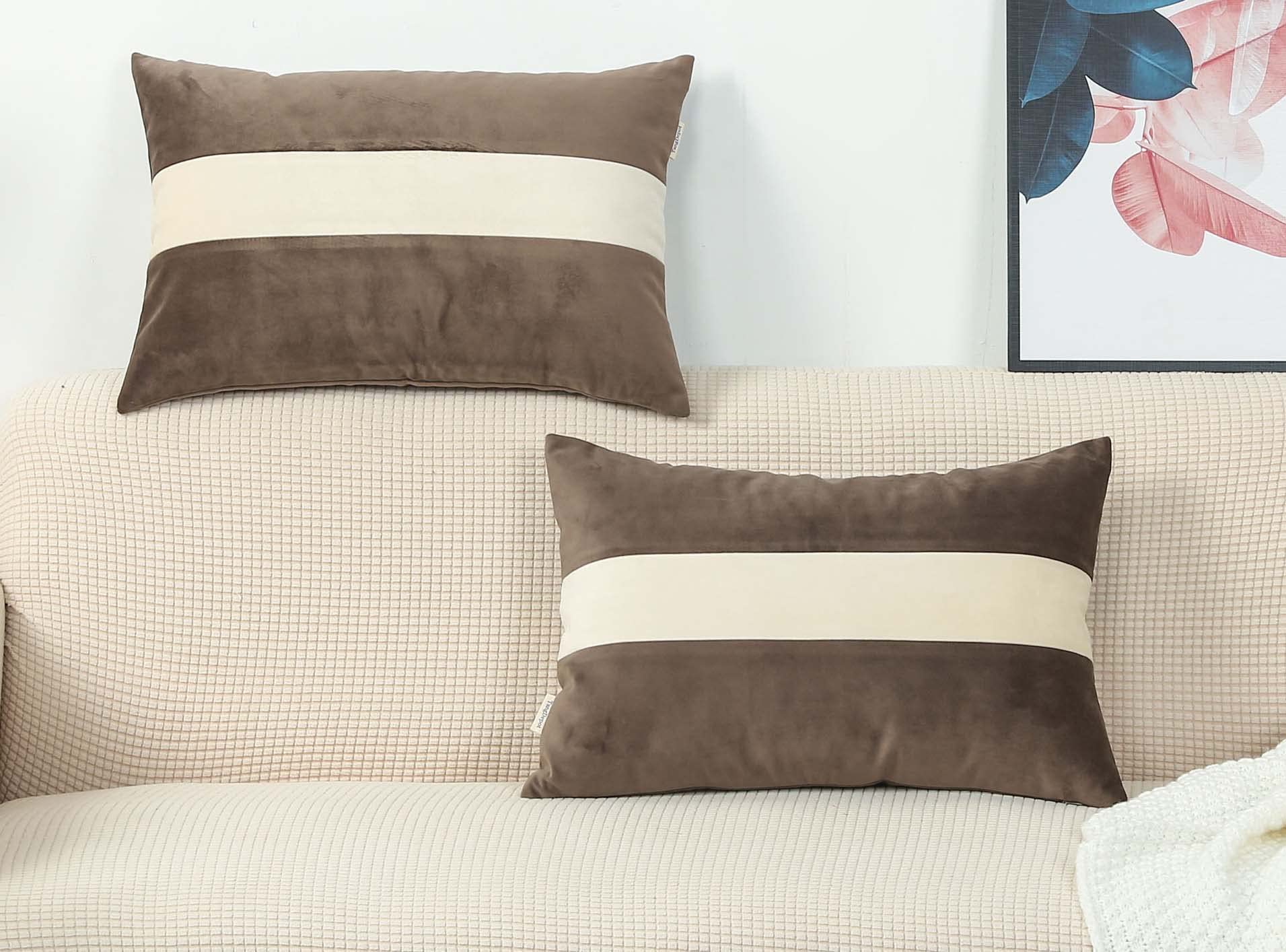 TangDepot Set of 2 Heavy Velvet Decorative Throw Pillow Covers - Super Soft Cream White Striped Cushion Covers (12x18 Inch, 2 Pieces, Brown) for Sofa, Bed, Living Room & Outdoor Use - Lumbar Pillow Shells & Pillowcases