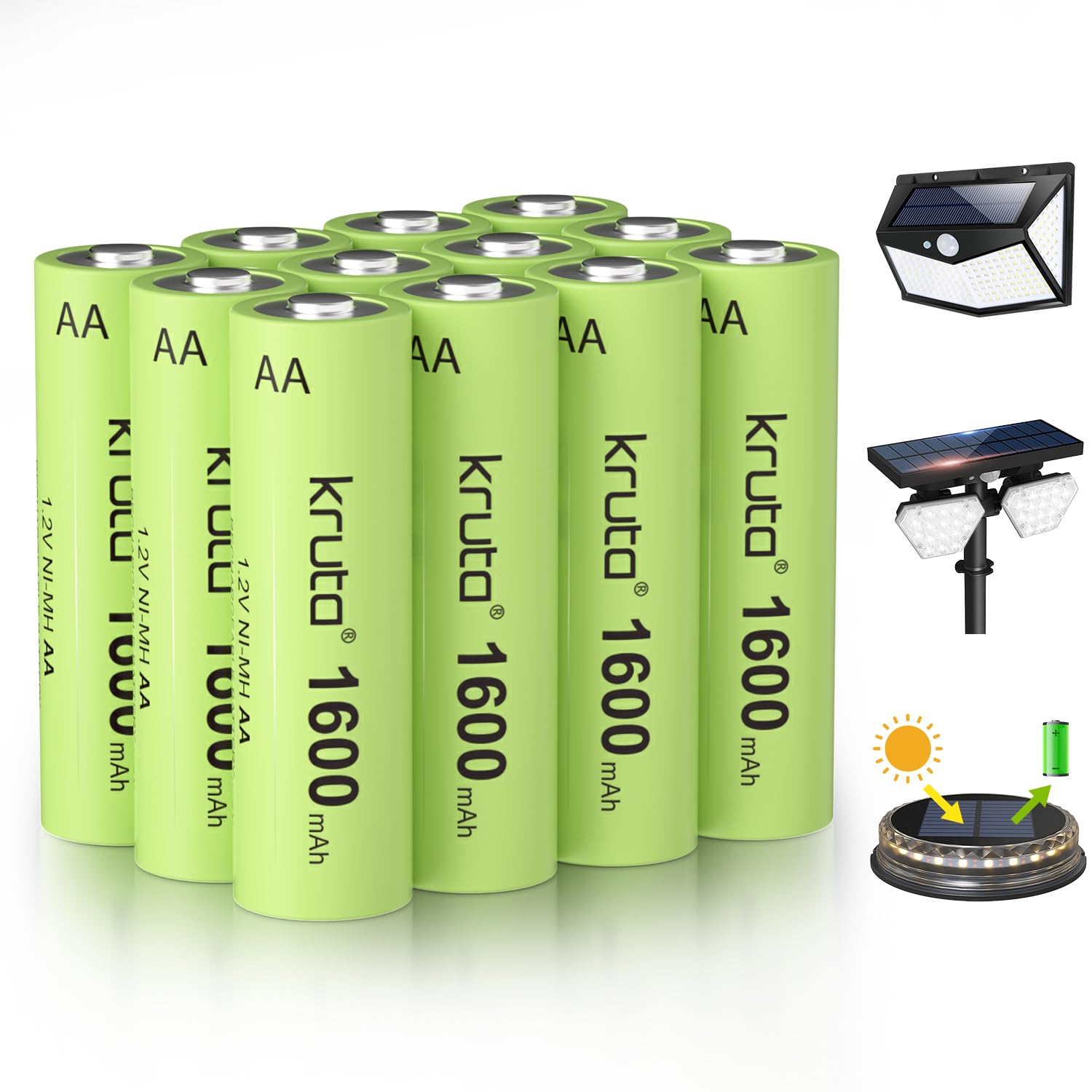 Kruta Ni-MH AA Rechargeable Batteries 1600mAh - 12 Pack High Capacity 1.2V Pre-Charged Double A Batteries for Solar Lights, String Lights, Pathway Lights - Perfect for Garden, Landscaping & Outdoor Lighting