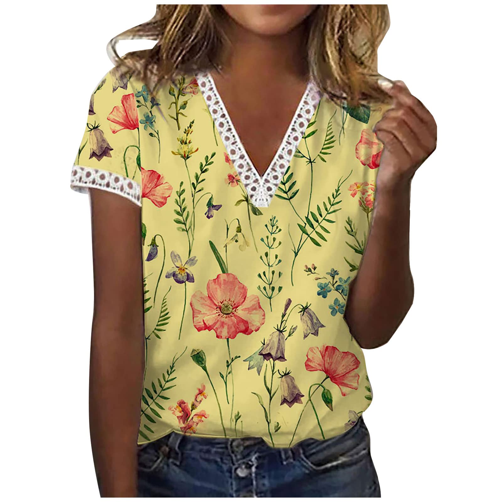 Women's Fall Floral Printed V-Neck T-Shirt with Crochet Lace Trim - Casual Loose Pullover Blouse for Autumn Outfits, Date Nights & Office Wear