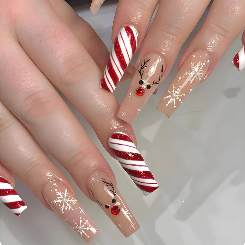 Christmas Press on Nails Long Coffin Fake Nails - Red White Swirl Snowflake Elk Design with Rhinestones & Glitter - 24Pcs Full Cover Acrylic Stick on False Nails for Women - Perfect for Holiday Parties, Gift Giving & Festive Manicures
