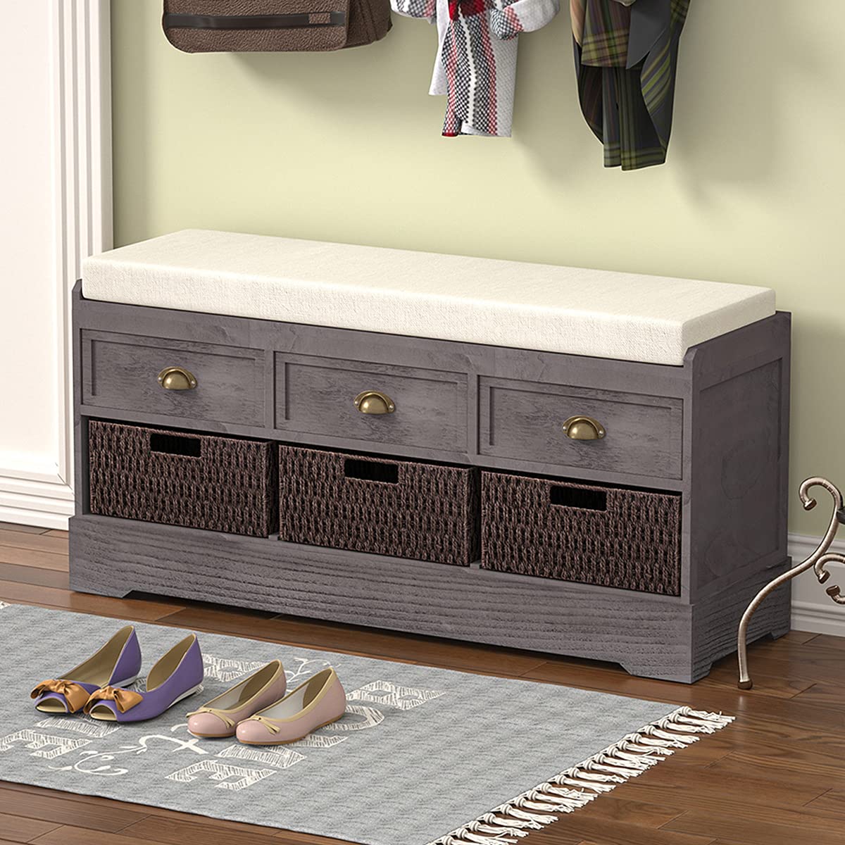 LJ Organizer Storage Bench with 3 Drawers & Rattan Baskets - Entryway Shoe Bench with Removable Cushion for Hallway, Living Room - Perfect for Small Space Organization & Home Decor