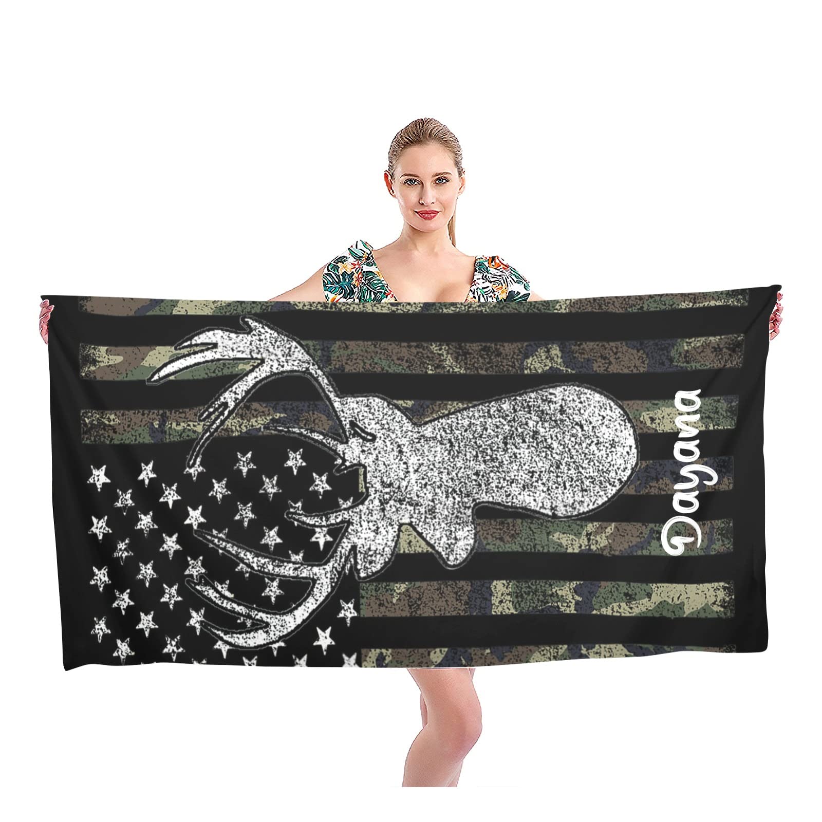 Custom Deer American Flag Camo Microfiber Beach Towel - Personalized Name Text, 30x60 Inch Oversized Lightweight Quick Dry Towel for Pool, Gym, Travel - Double Sided Printed for Adults & Kids