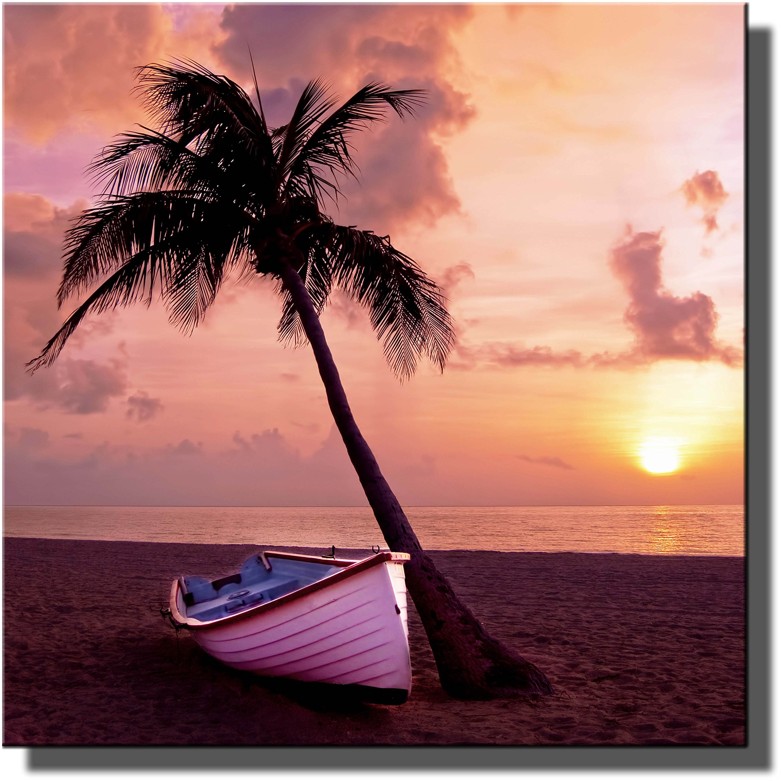 Palm Tree Beach Canvas Wall Art - Sunset Boat Decor for Living Room