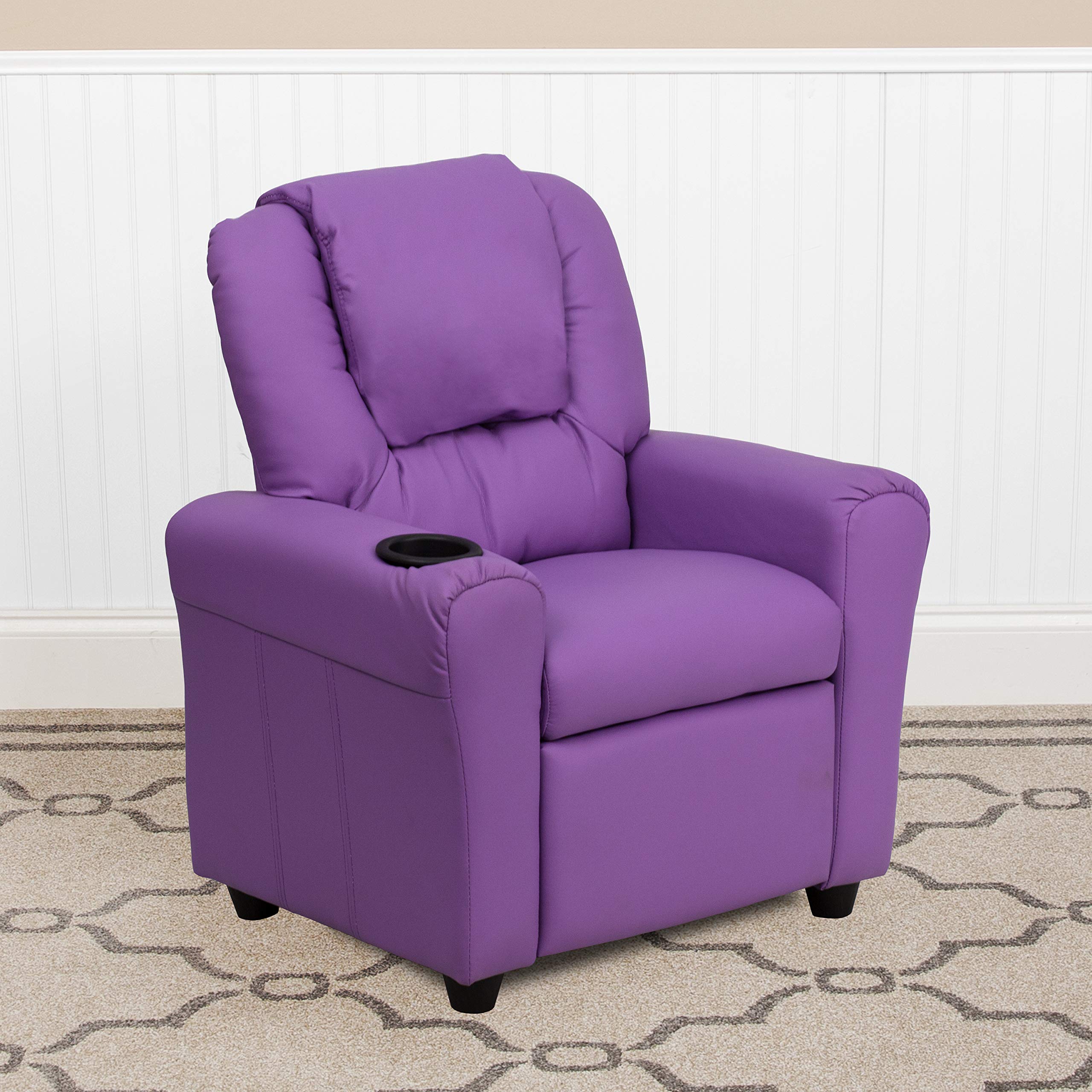 Emma & Oliver Lavender Vinyl Kids Recliner Chair with Cup Holder & Headrest - Comfortable Toddler Armchair for Reading, TV Watching & Relaxing in Bedroom or Playroom