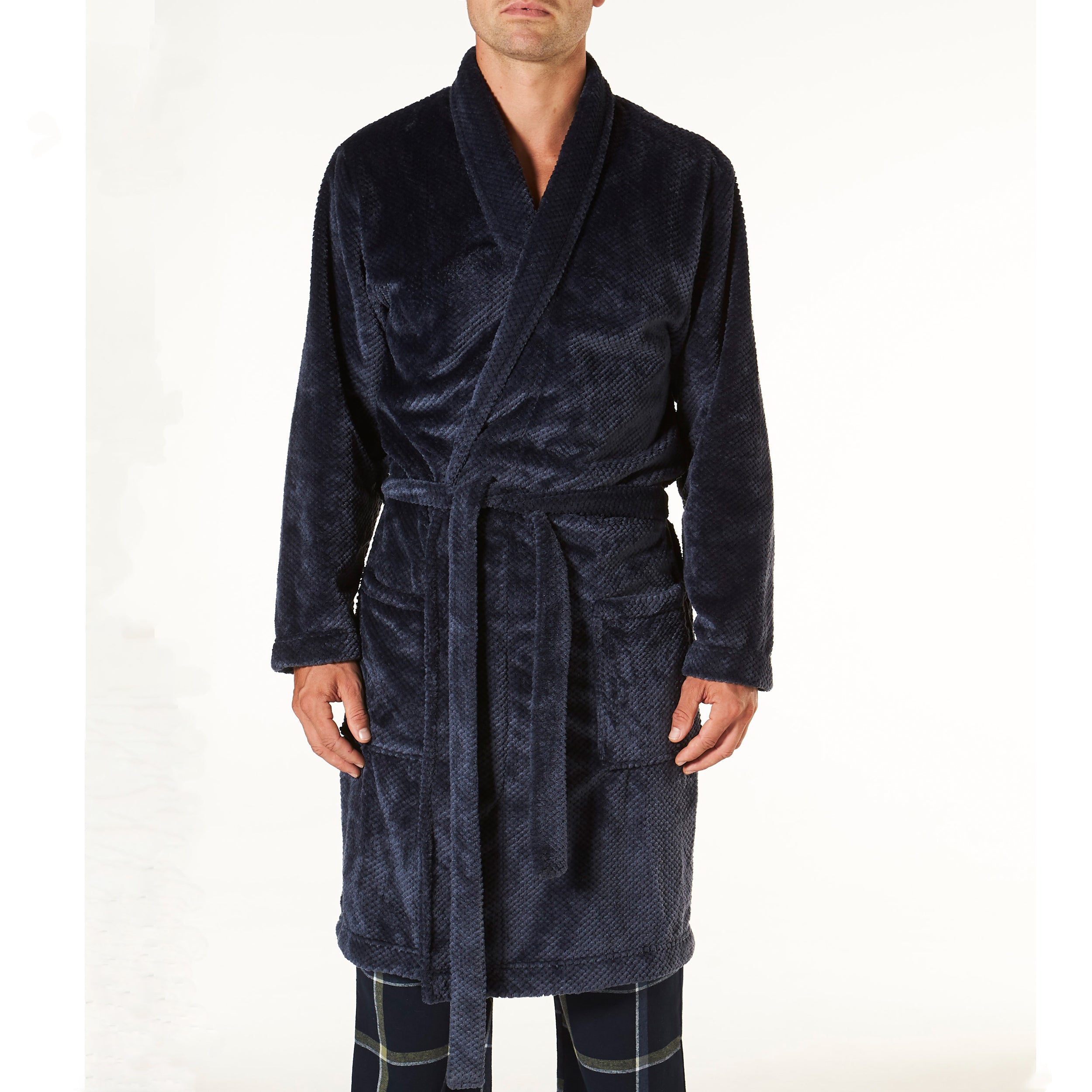 Men's Waffle Texture Coral Fleece Robe - Soft & Warm Navy Blue Bathrobe for Winter - Perfect for Lounging, Spa Days & Cozy Evenings at Home