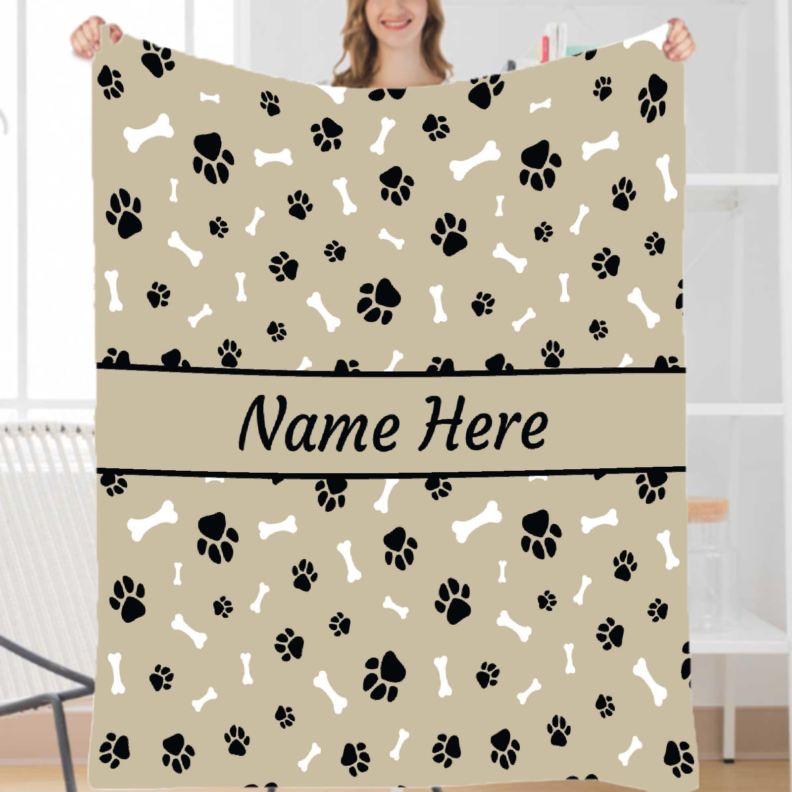 **Personalized Dog Blanket with Name - Custom Fleece Pet Blanket for Dogs, Puppies - Soft Cozy Throw for Bed, Sofa & Travel - Perfect Gift for Dog Lovers, Mom, Dad - Cute Paws & Bones Design**    *(Ideal for: Snuggling at home, car rides, pet photo shoots, or as a heartfelt gift for dog owners!)*