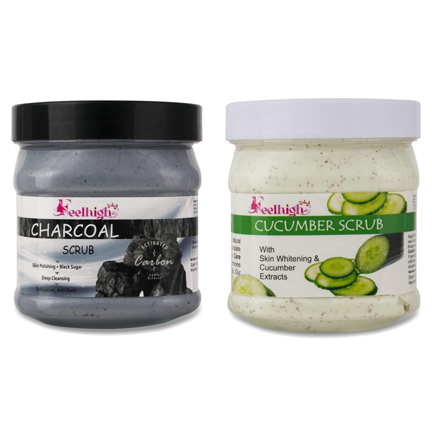 Feelhigh Charcoal & Cucumber Face & Body Scrub Combo - Deep Cleansing with Charcoal, Black Sugar & Cucumber Extracts (2 x 500ml) - Skin Whitening & Exfoliating Facial Care Set for Glowing Skin - Perfect for Daily Skincare Routine & Spa Treatments