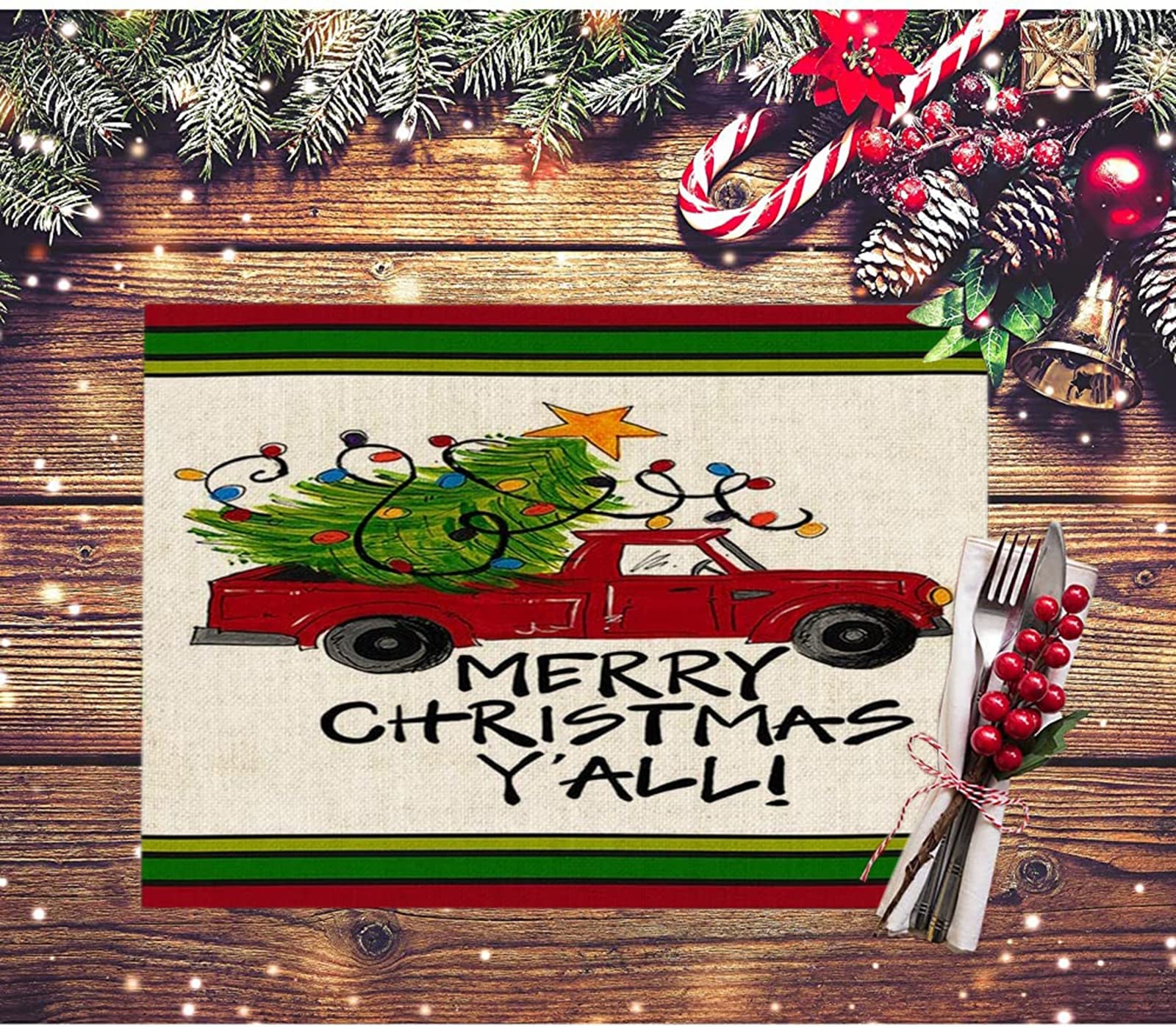 Jesmacti Christmas Placemats Set - 4 Pack 18x12 Inch Holiday Table Mats with Red Truck & Tree Design - Festive Dining Decor for Christmas Parties, Family Gatherings & Seasonal Home Decoration