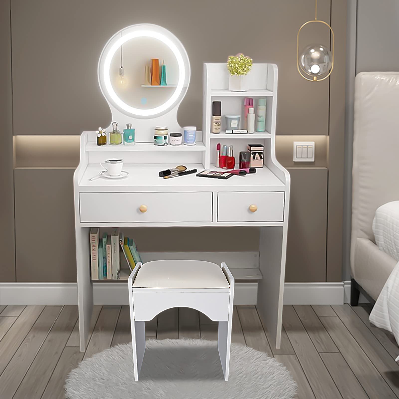 OLDM Vanity Set with Lighted Round Mirror - Touch Screen LED Makeup Dressing Table with 2 Drawers, 3 Shelves & Cushioned Stool (White) | Perfect for Bedroom, Dorm, Beauty Salon & Home Decor