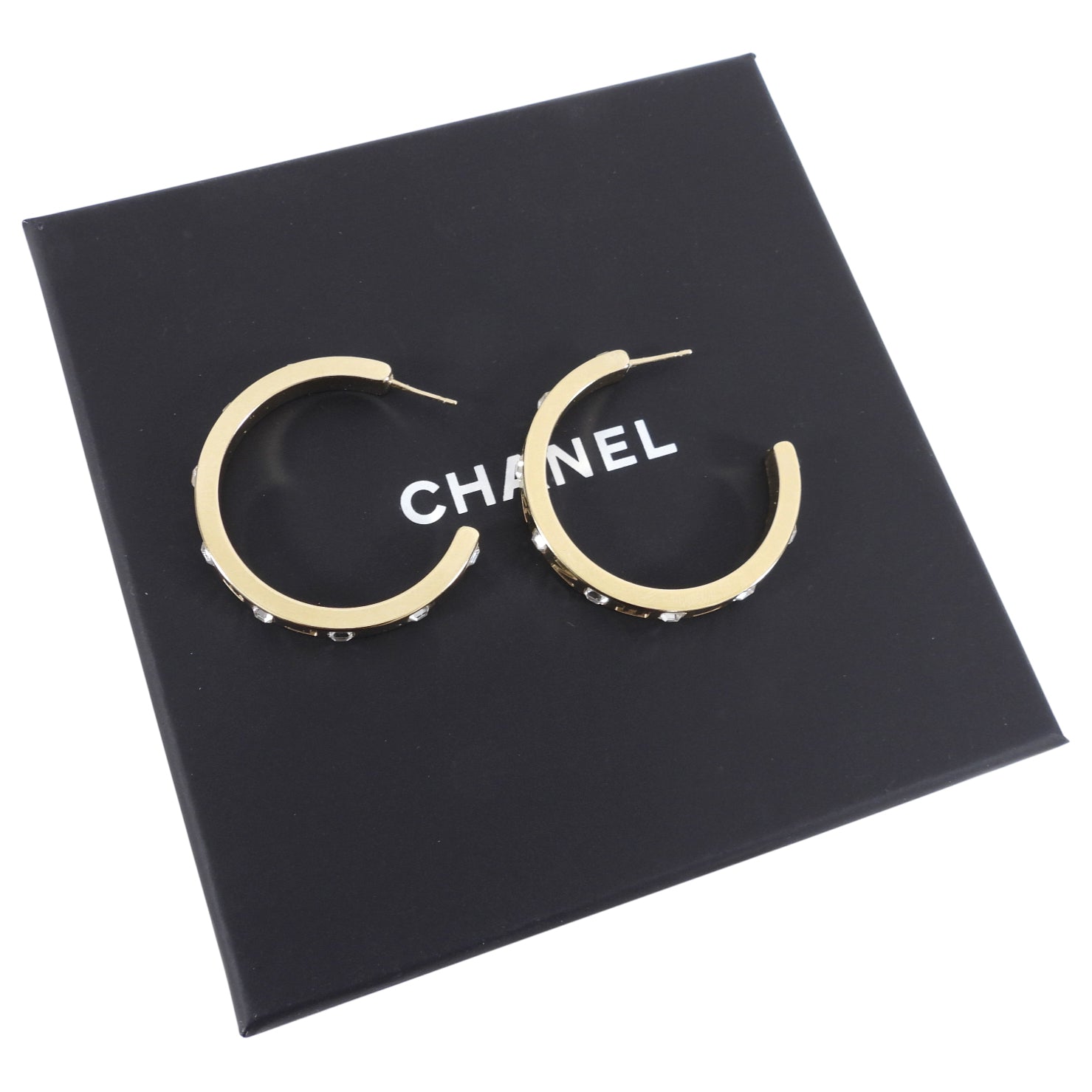 Chanel 21P Light Gold Crystal Logo Hoop Earrings - Luxury Fashion Jewelry for Women, Perfect for Parties, Weddings & Special Occasions
