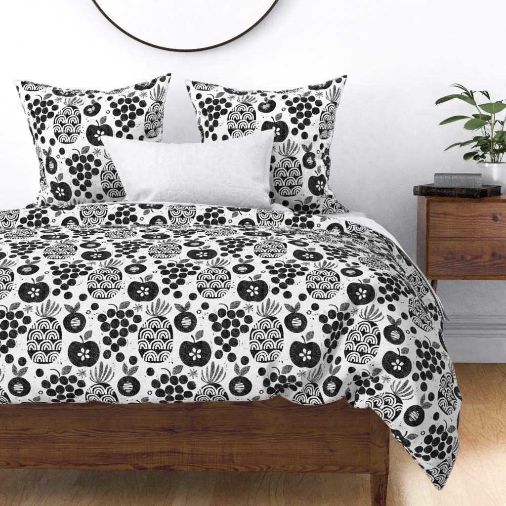 Premium Cotton Sateen Duvet Cover Twin Size - Modern Black & White Fruit Print with Apples, Pineapples & Peaches | Custom Bedding by Spoonflower | Perfect for Kids' Rooms, Guest Bedrooms & Farmhouse Decor